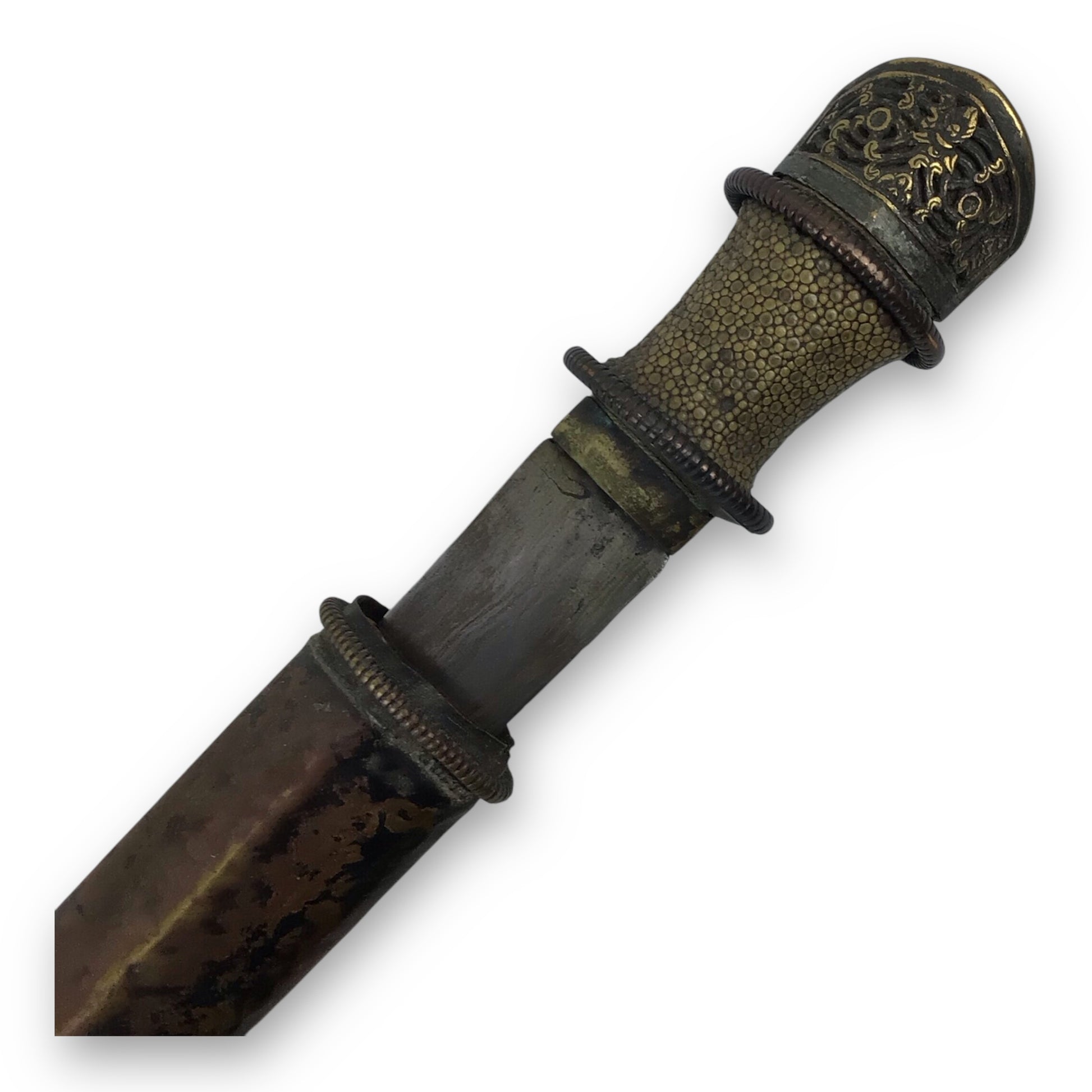 Tibetan Dagger 17th–18th C – Damascus Steel Blade, Gilt Pommel, Rare Find