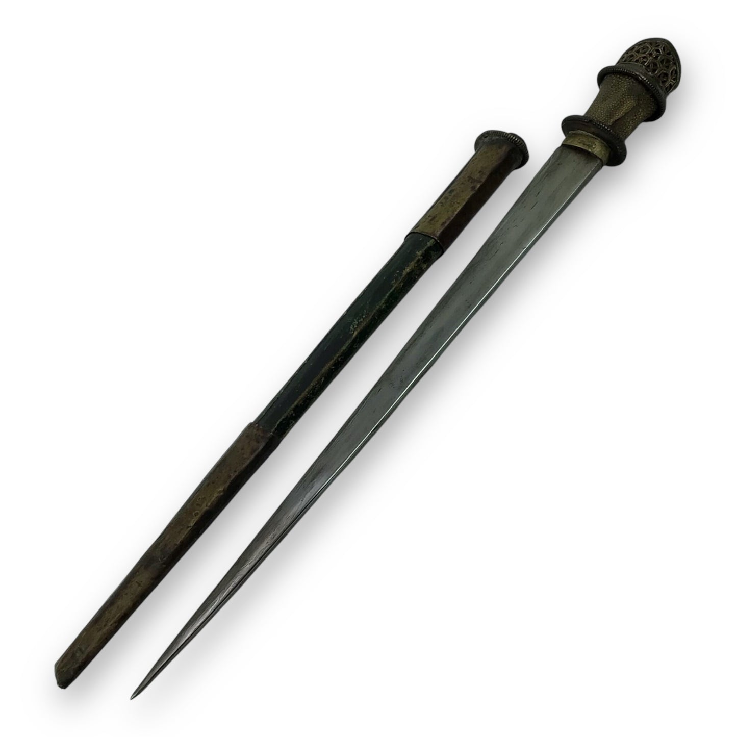 Tibetan Dagger 17th–18th C – Damascus Steel Blade, Gilt Pommel, Rare Find