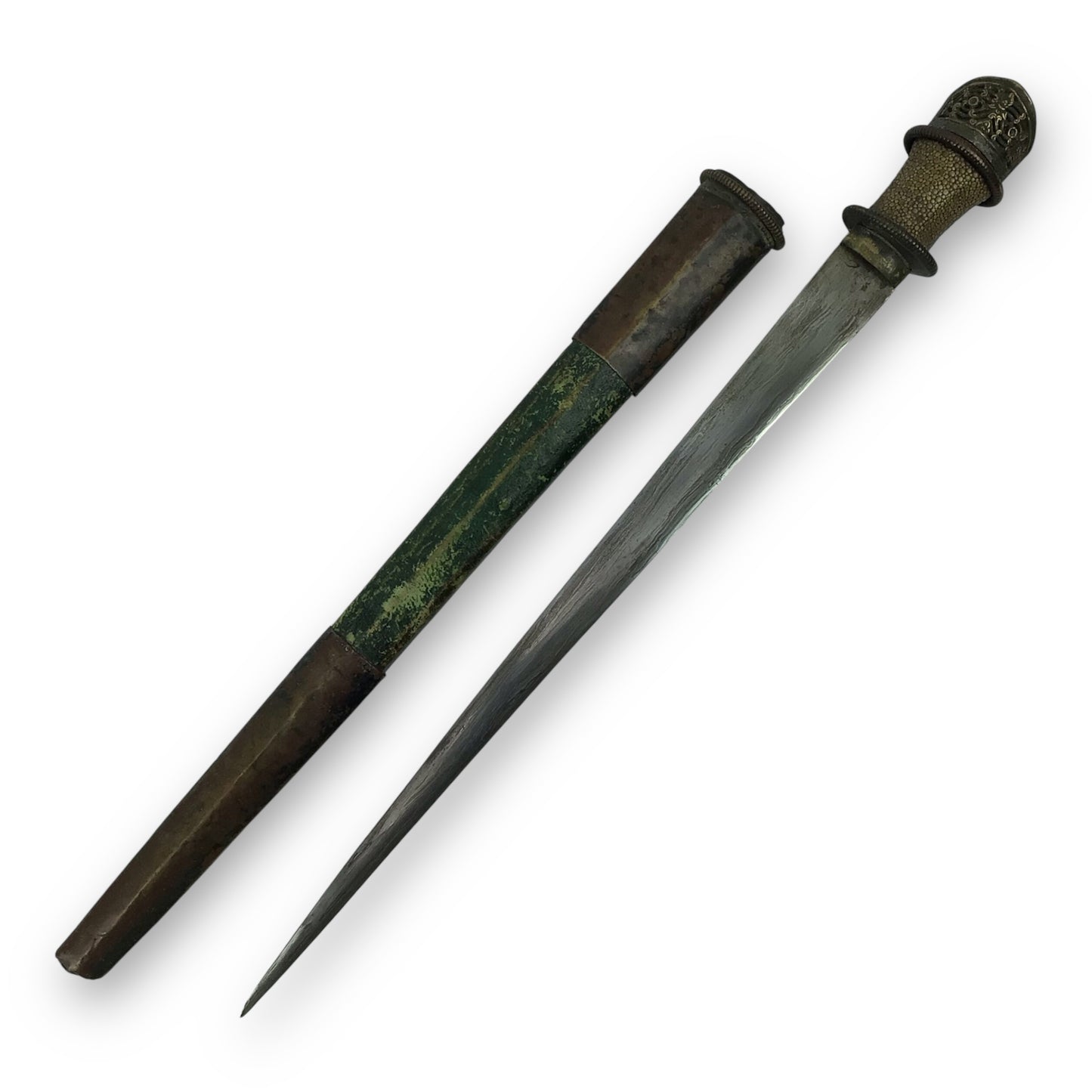 Tibetan Dagger 17th–18th C – Damascus Steel Blade, Gilt Pommel, Rare Find