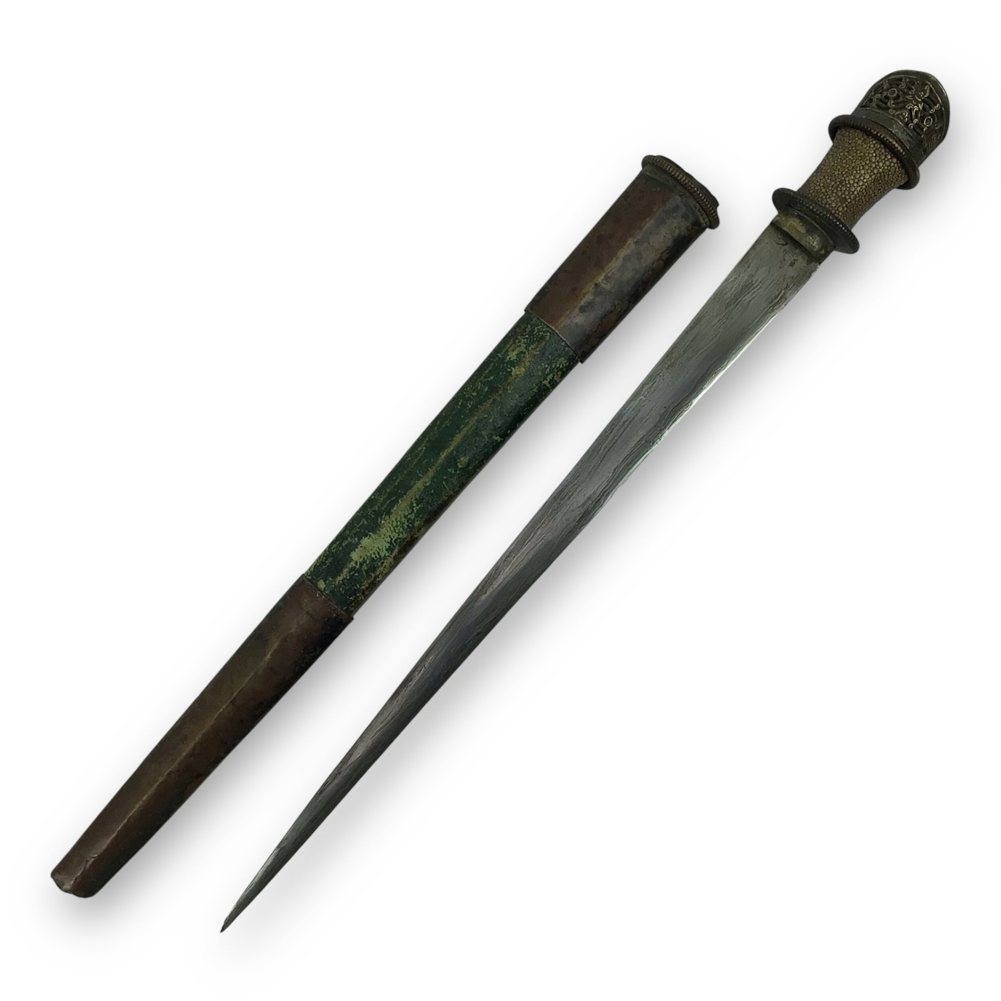 Tibetan Dagger 17th–18th C – Damascus Steel Blade, Gilt Pommel, Rare Find