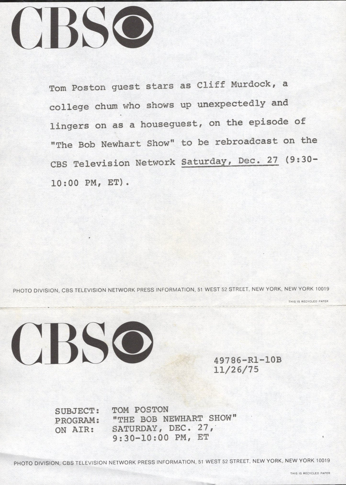 Tom Poston Signed Photo 7x9 B&W, Autograph in The Bob Newhart Show + CBS Letter