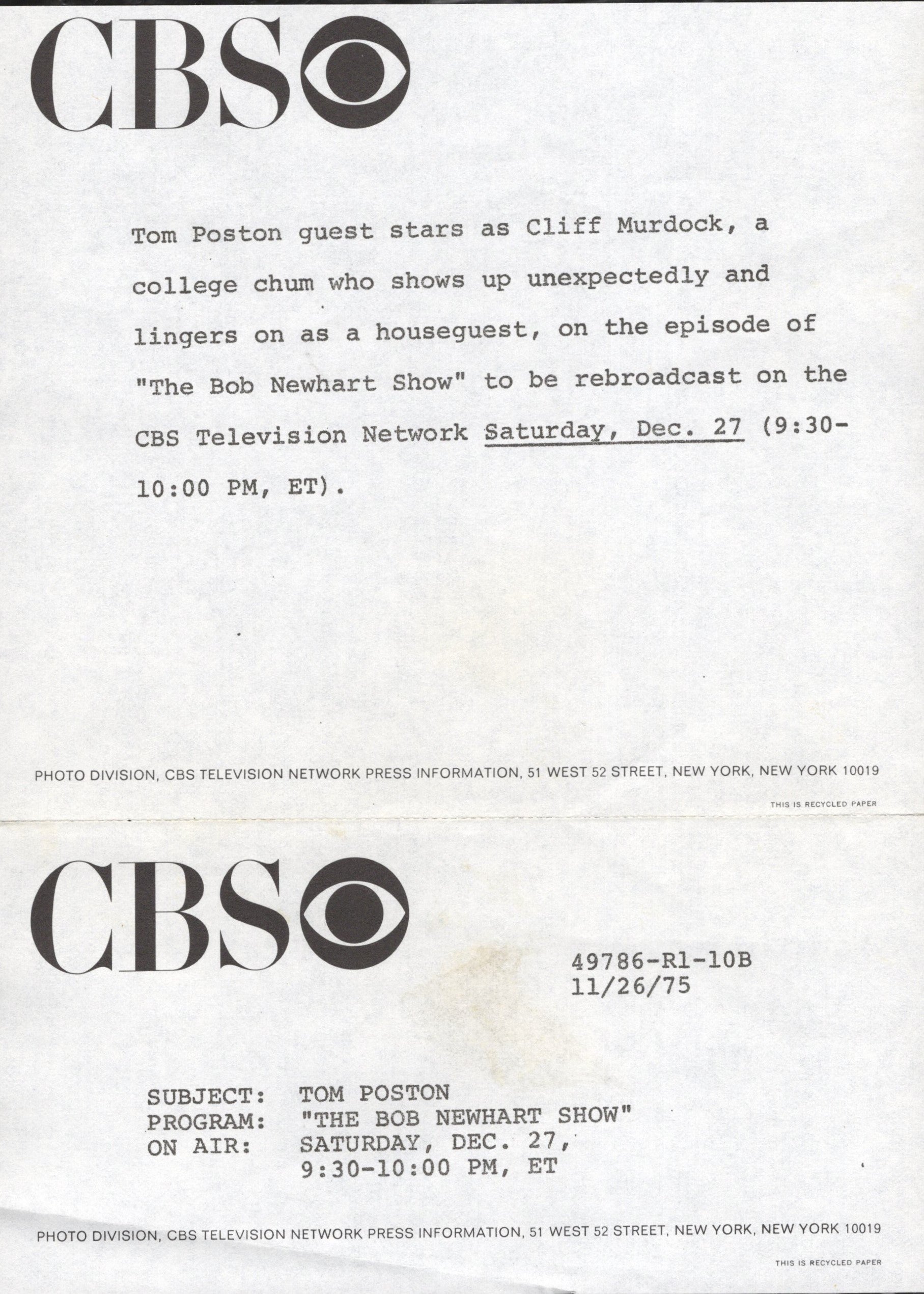 Tom Poston Signed Photo 7x9 B&W, Autograph in The Bob Newhart Show + CBS Letter