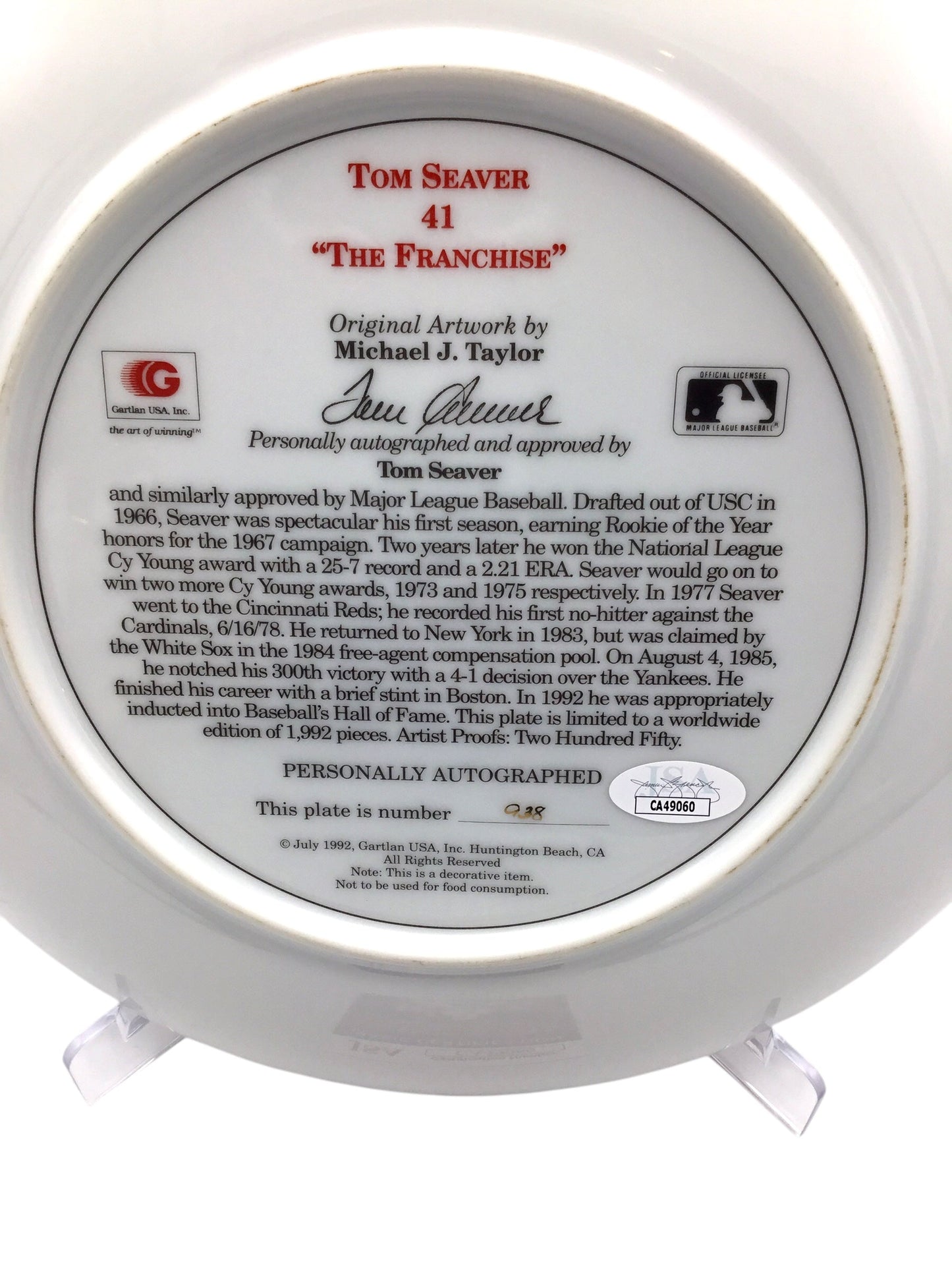 Tom Seaver 41 The Franchise Autographed JSA Certified Gartlan Plate #938