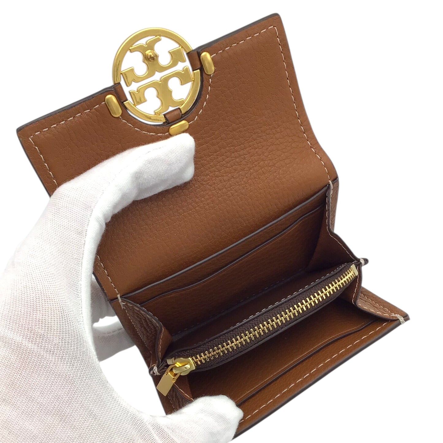 Tory Burch Brown Pebble Leather Compact Wallet with Snap Closure