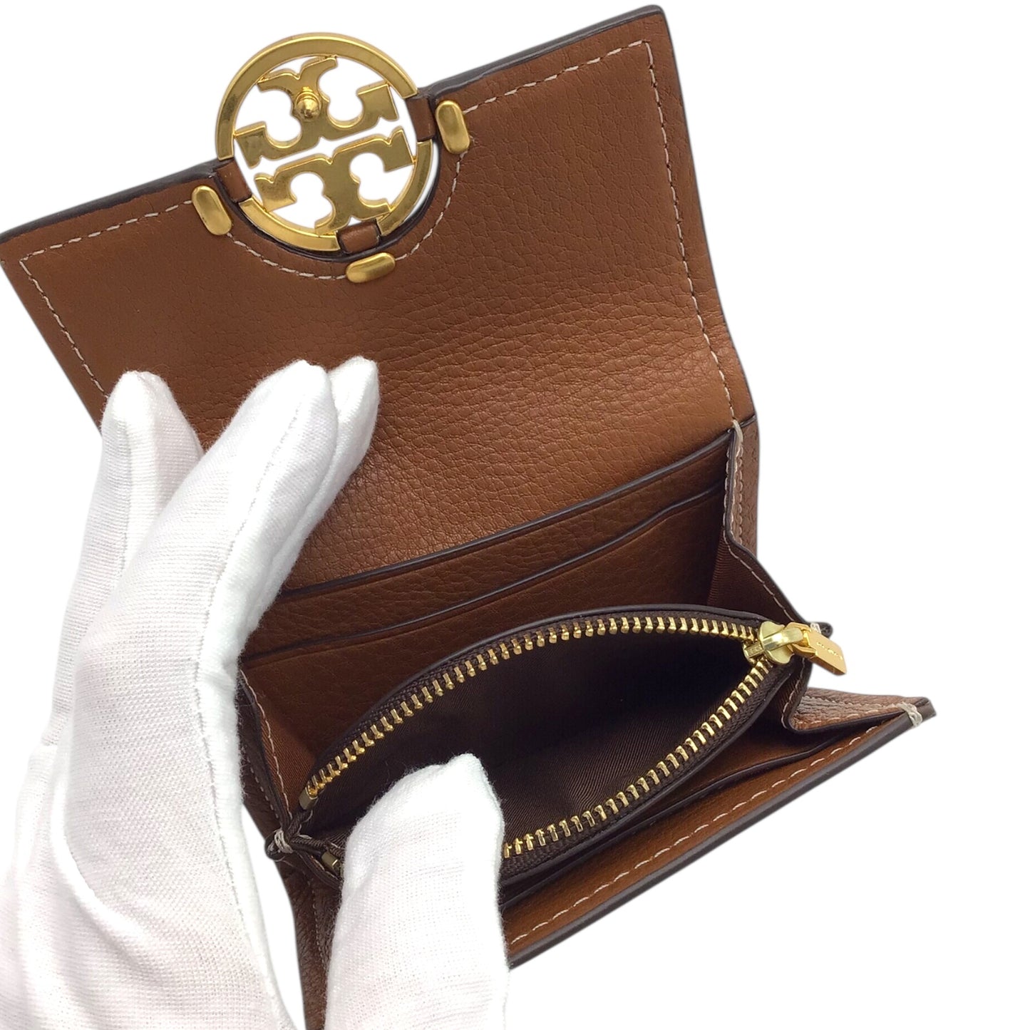 Tory Burch Brown Pebble Leather Compact Wallet with Snap Closure