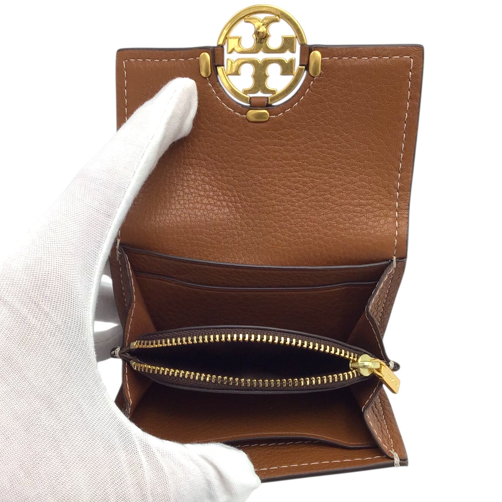 Tory Burch Brown Pebble Leather Compact Wallet with Snap Closure