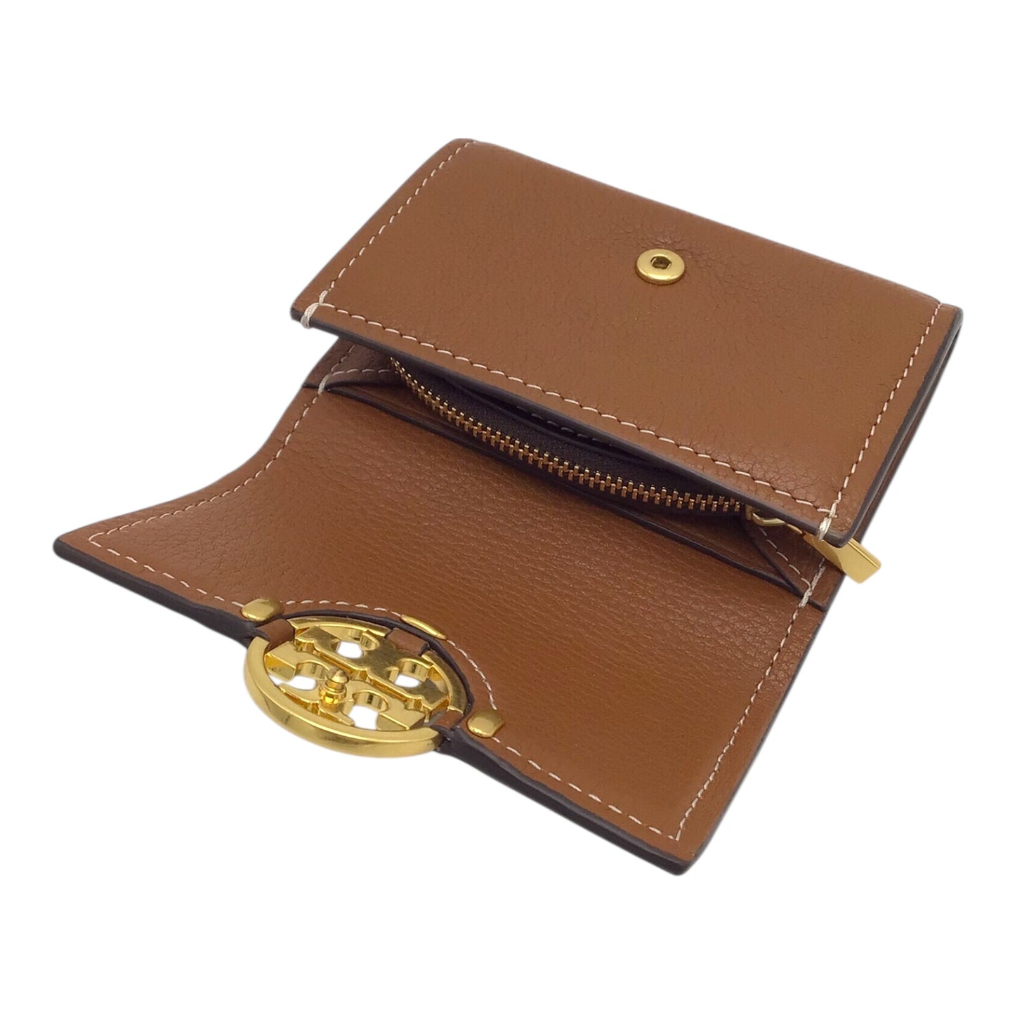 Tory Burch Brown Pebble Leather Compact Wallet with Snap Closure