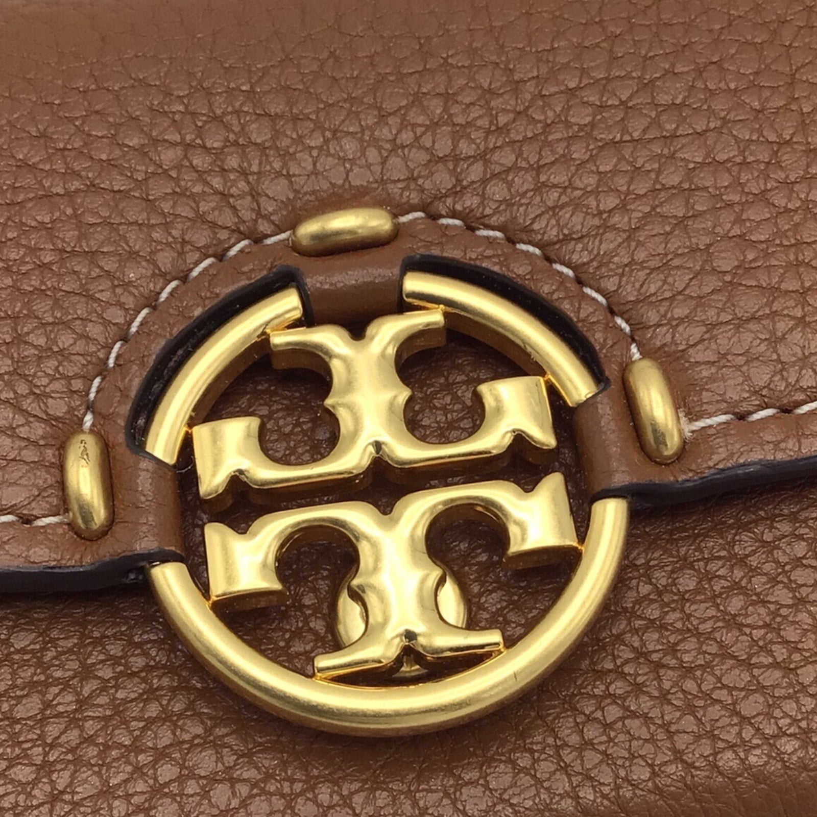 Tory Burch Brown Pebble Leather Compact Wallet with Snap Closure