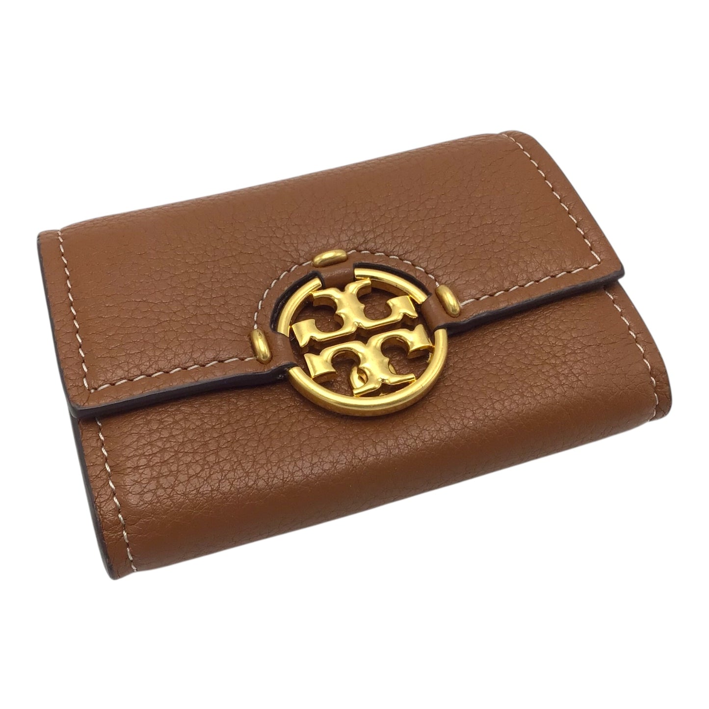 Tory Burch Brown Pebble Leather Compact Wallet with Snap Closure