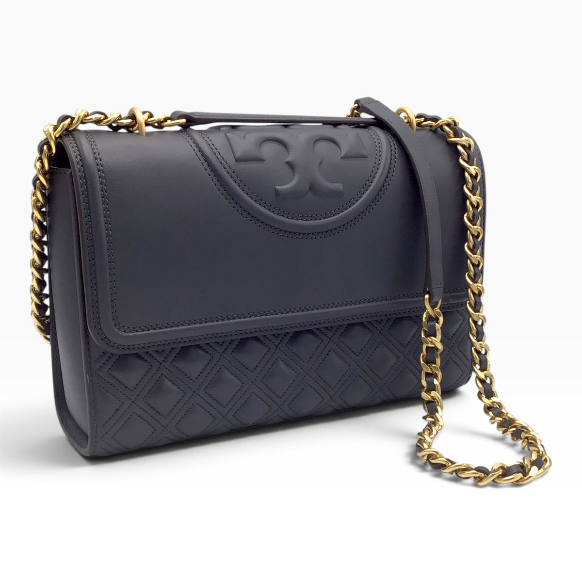 Tory Burch Fleming Overcast Dark Gray Quilted Leather Crossbody Shoulder Bag – Silver Maple 43833 - Gold-Tone Hardware