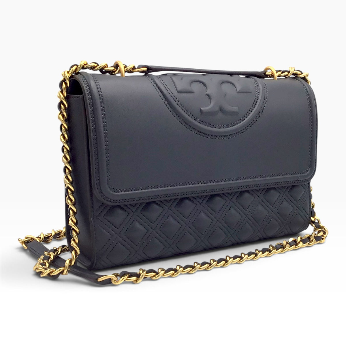 Tory Burch Fleming Overcast Dark Gray Quilted Leather Crossbody Shoulder Bag – Silver Maple 43833 - Gold-Tone Hardware