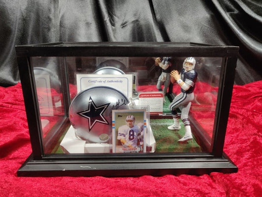 Troy Aikman Cowboys Autographed Mini Helmet Shadowbox w/ Rookie Card + Figure