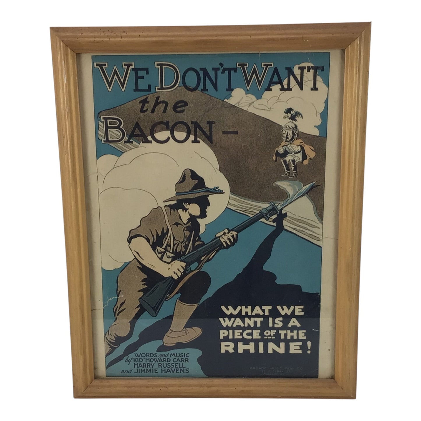 US WW1 Framed 1918 WWI Military Sheet Music Cover 'WE DON'T WANT THE BACON'