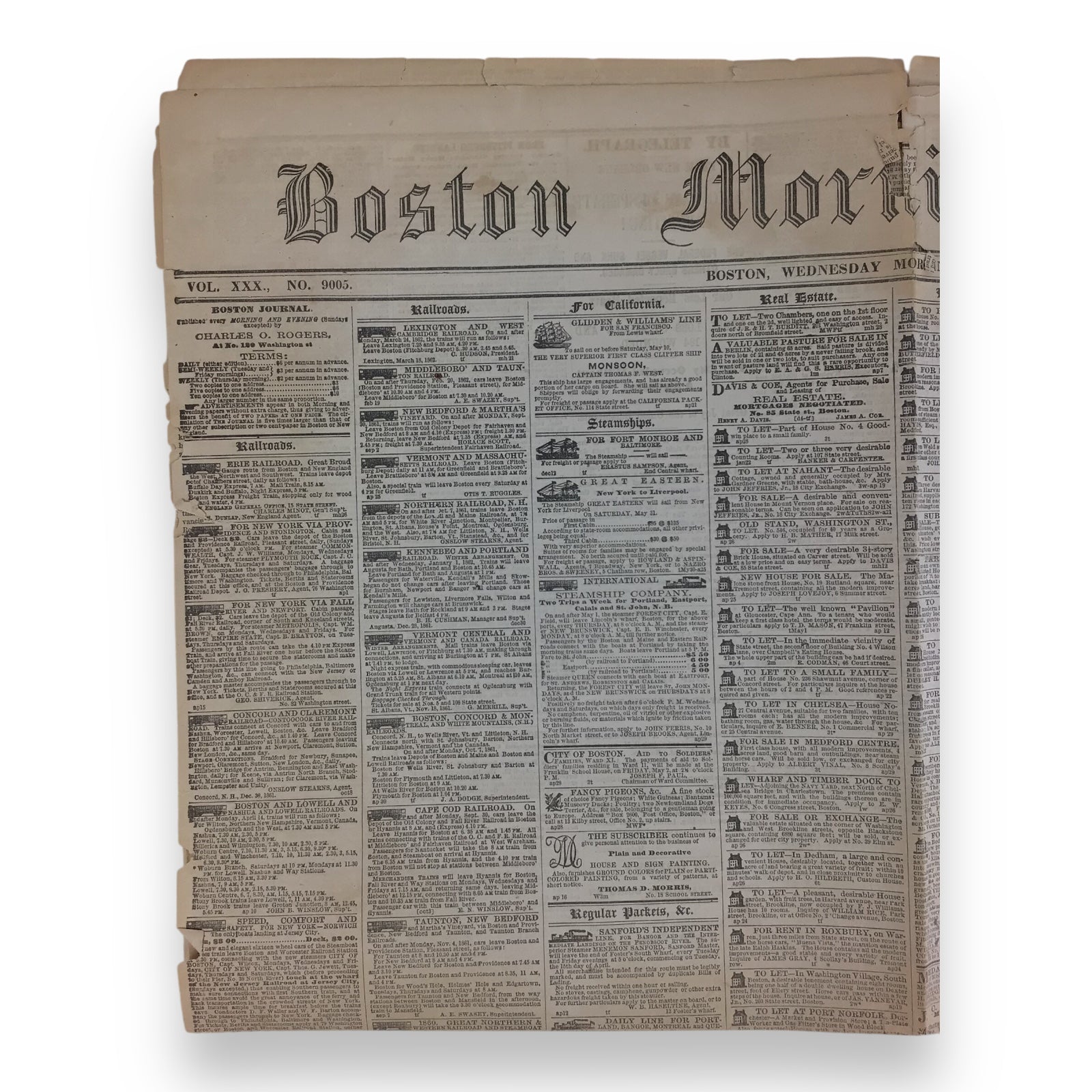U.S. Civil War Period Newspaper – The Boston Morning Journal, May 7, 1862