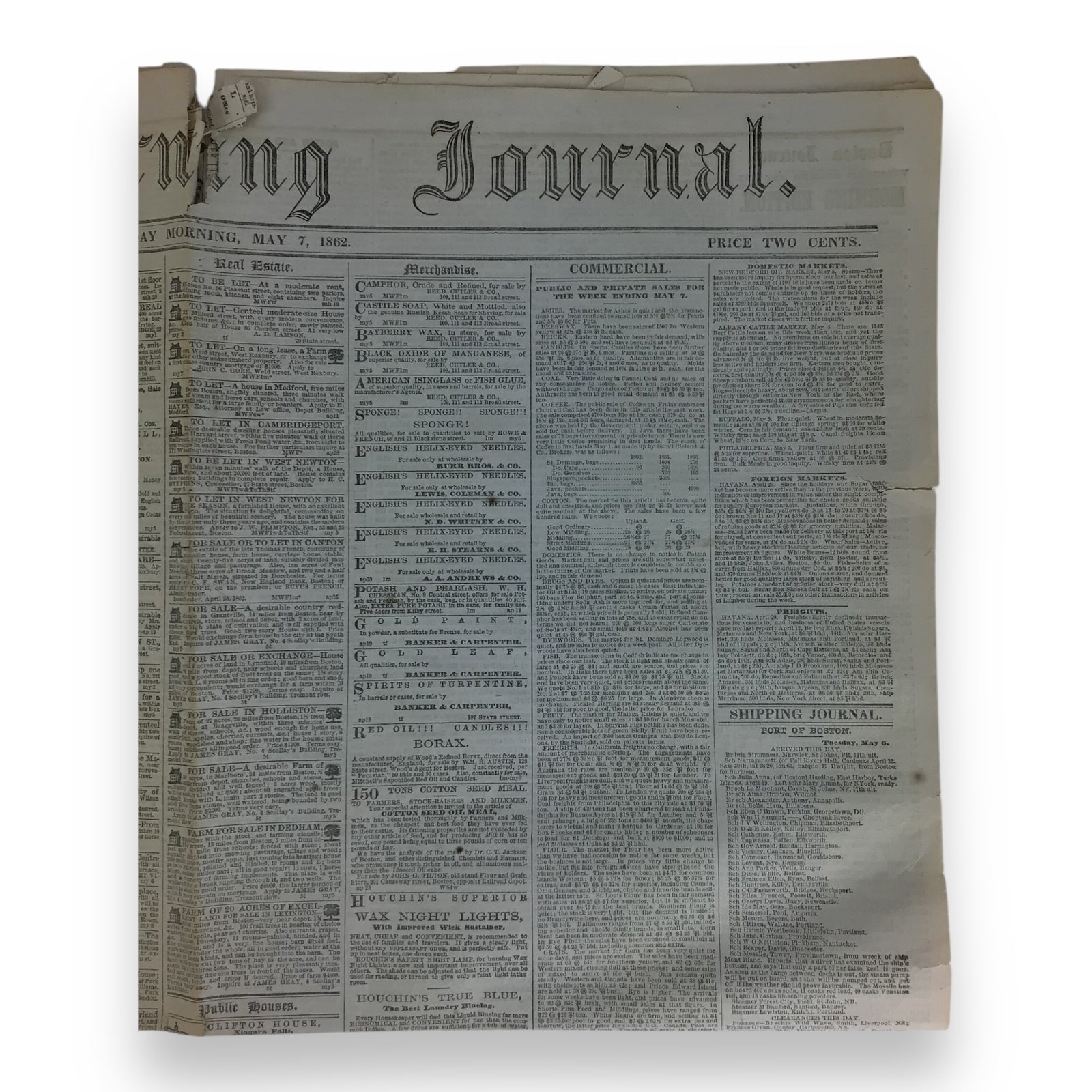 U.S. Civil War Period Newspaper – The Boston Morning Journal, May 7, 1862