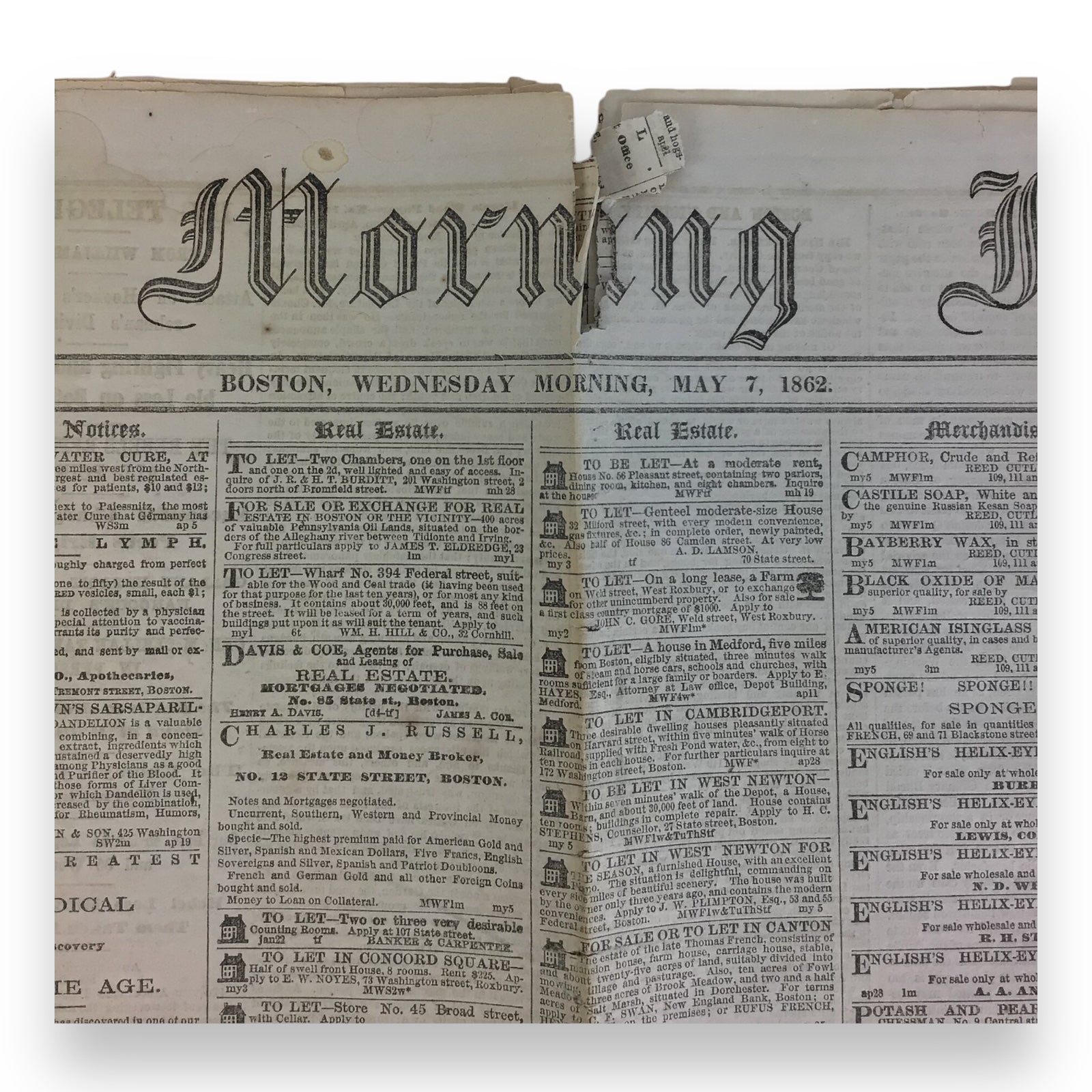 U.S. Civil War Period Newspaper – The Boston Morning Journal, May 7, 1862