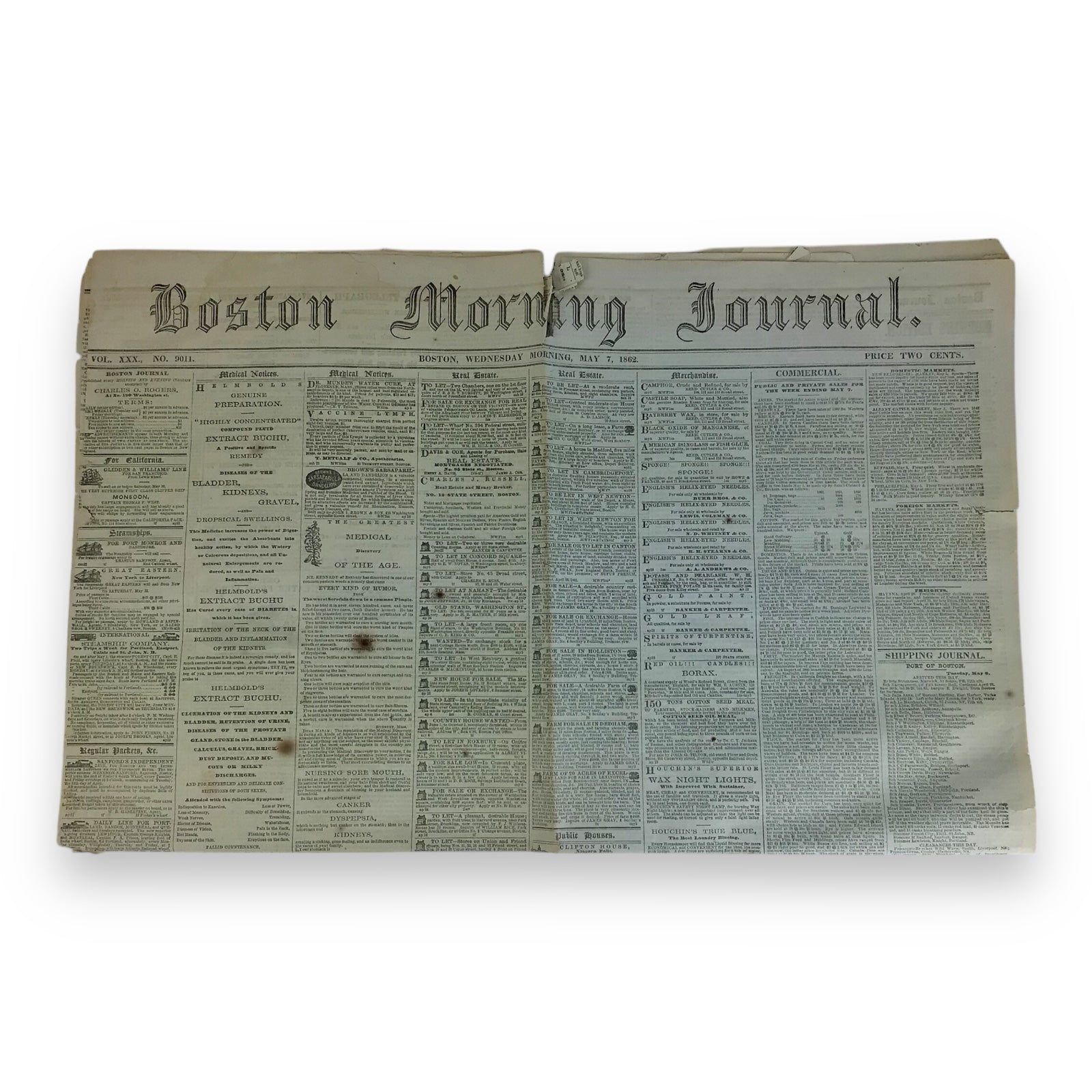 U.S. Civil War Period Newspaper – The Boston Morning Journal, May 7, 1862
