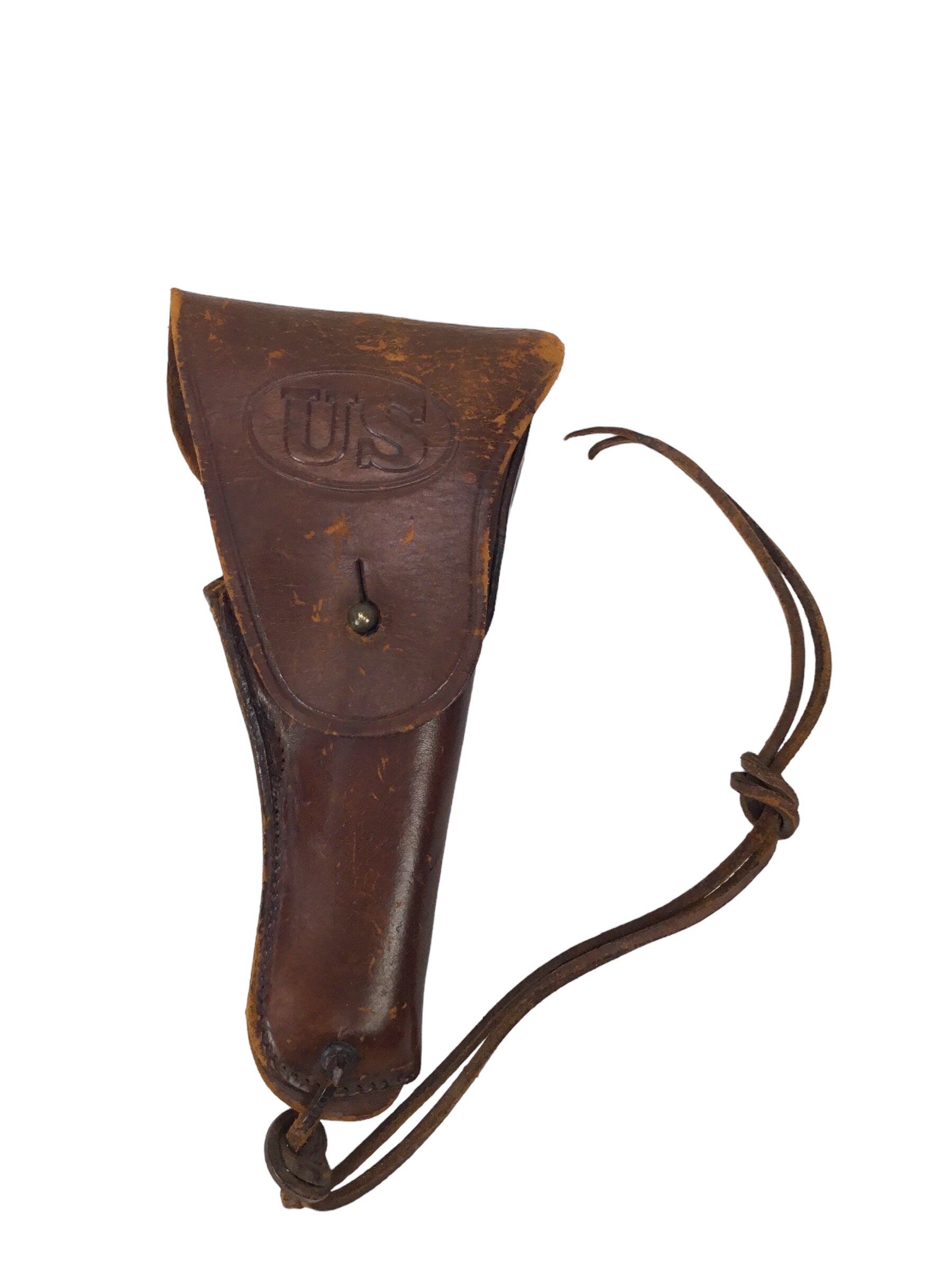 U.S. WWII leather pistol holster marked "U.S." on flap, further marked "Sears, 1942"