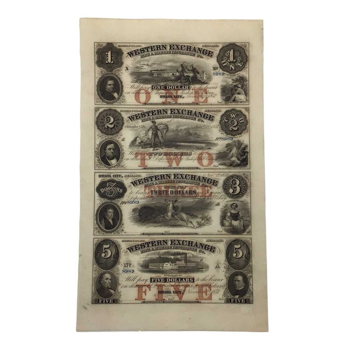 Uncut Sheet of 4 Obsolete Banknotes - Omaha City Nebraska Western Exchange