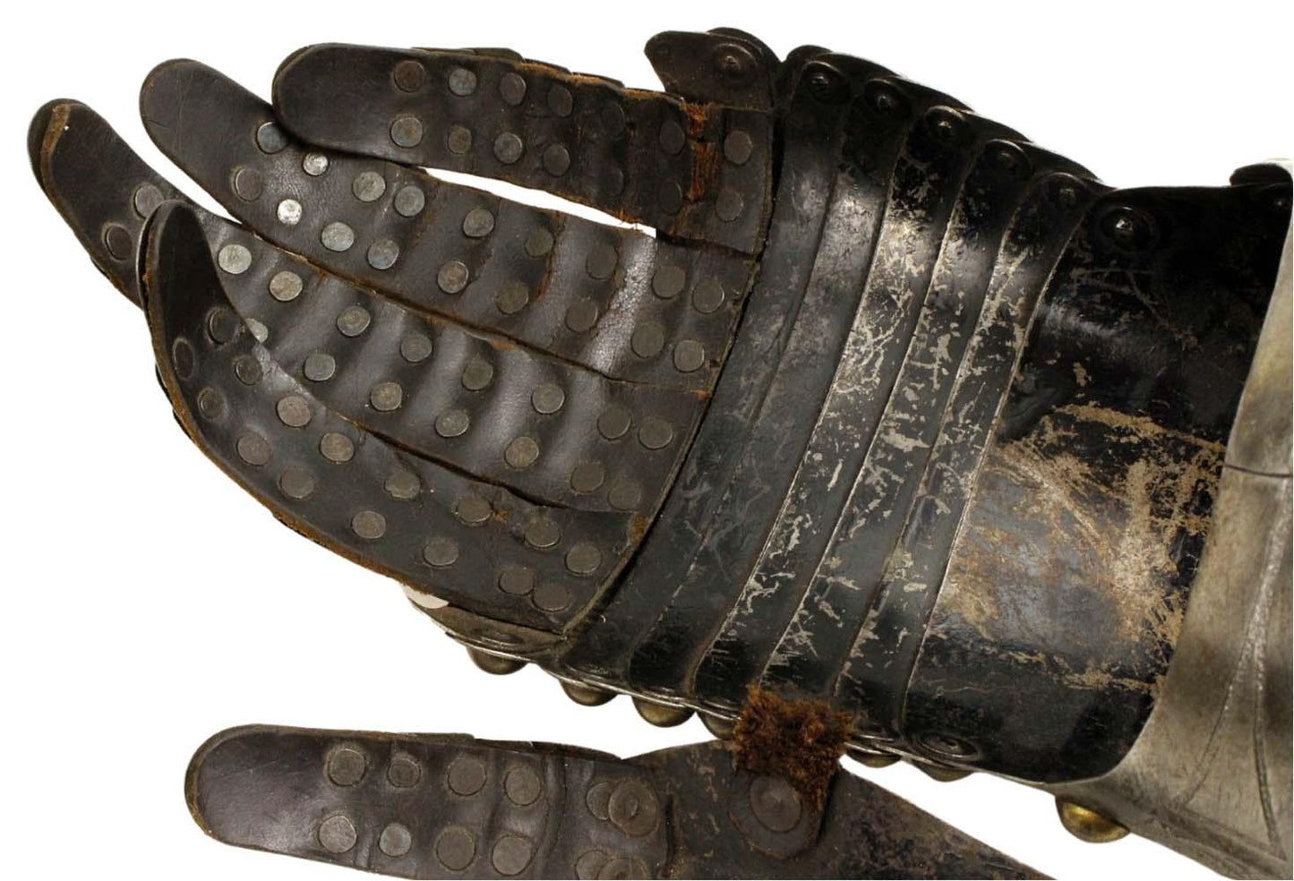 Very Attractive Victorian Pair Of 16th-17th C. Style Knight's Armor Gauntlets With Etched Decorations. Complete With Original Leather Strapping Fully Intact