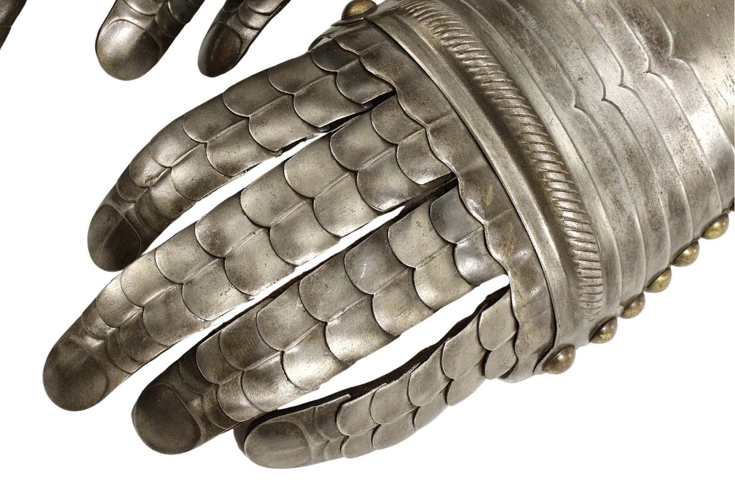 Very Attractive Victorian Pair Of 16th-17th C. Style Knight's Armor Gauntlets With Etched Decorations. Complete With Original Leather Strapping Fully Intact