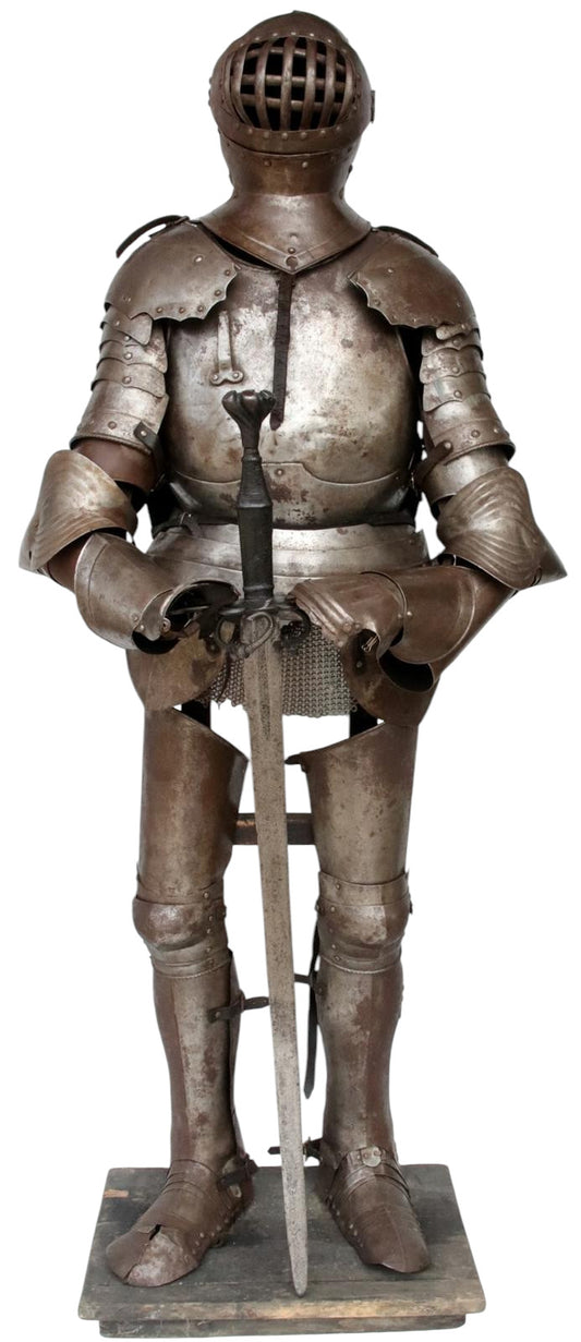 Victorian German Knight Suit of Armor with Rare Caged Visor Helmet & Stand