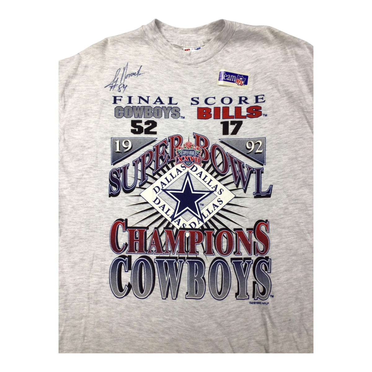 Vintage Dallas Cowboys Super Bowl XXVII Champions T-Shirt – Jay Novacek #84 Signed JSA Certified with Photo & Flyer
