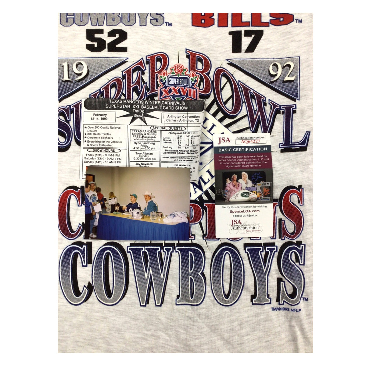 Vintage Dallas Cowboys Super Bowl XXVII Champions T-Shirt – Jay Novacek #84 Signed JSA Certified with Photo & Flyer