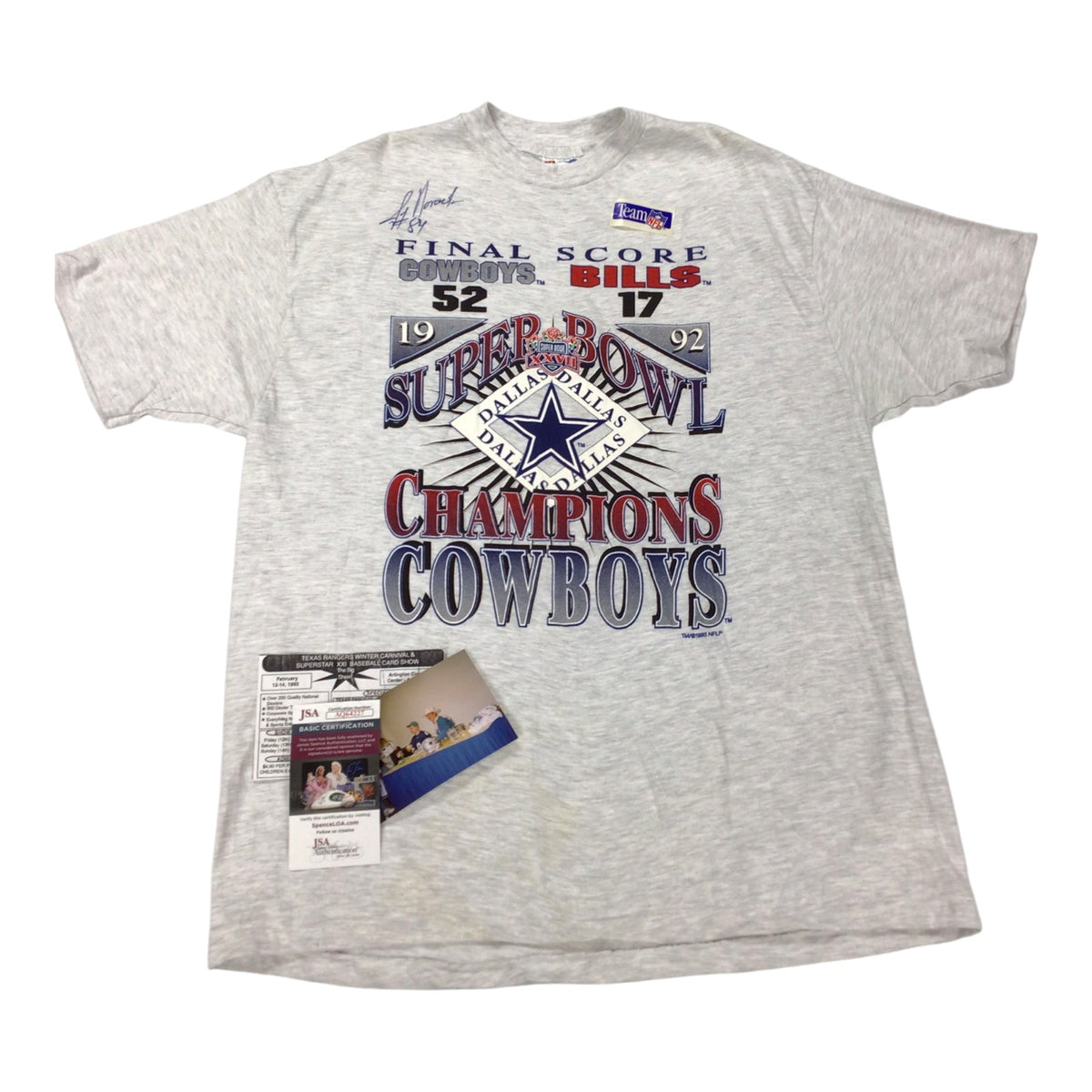 Vintage Dallas Cowboys Super Bowl XXVII Champions T-Shirt – Jay Novacek #84 Signed JSA Certified with Photo & Flyer
