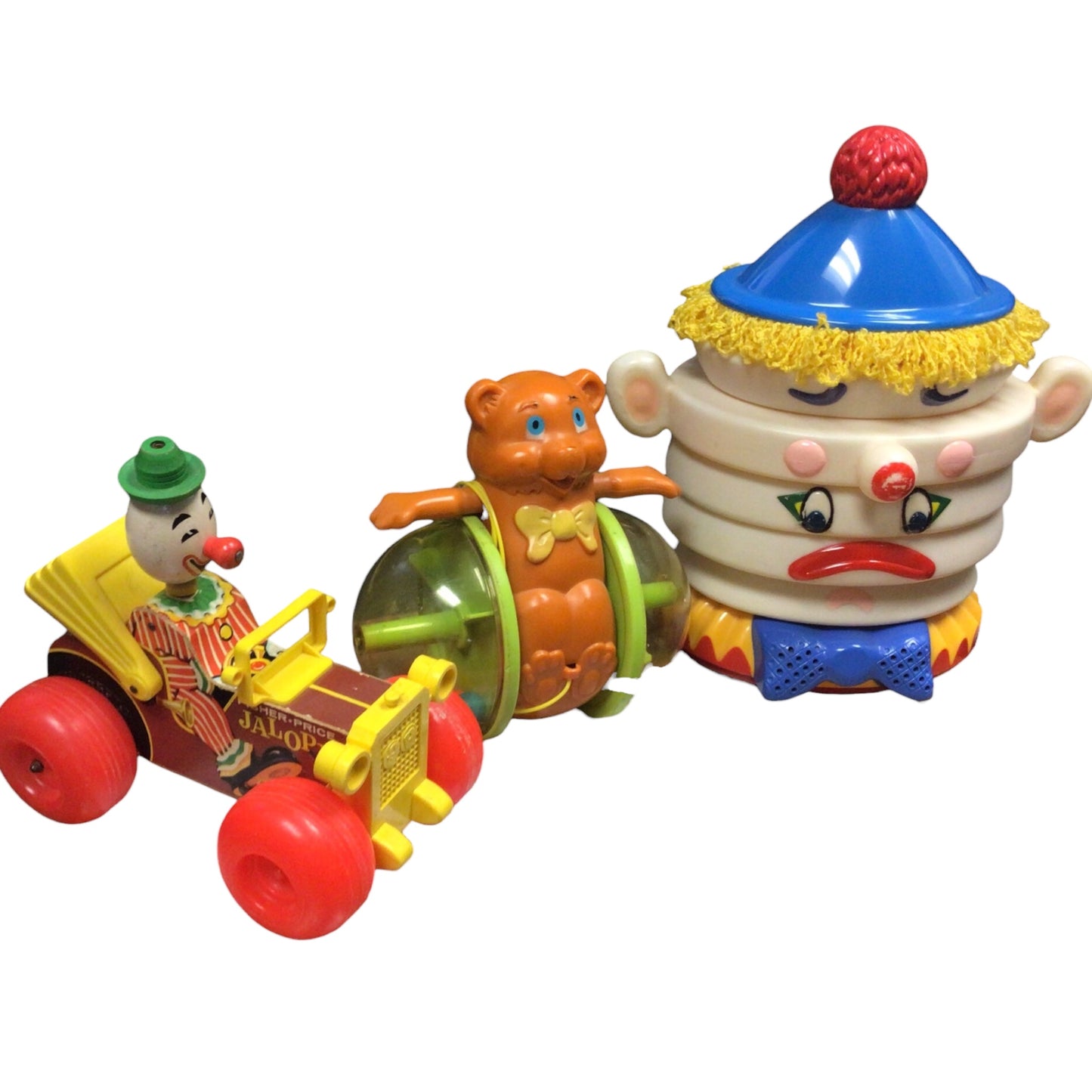 Vintage Fisher-Price Toys: Jalopy, Bear in Ball, Stacking Clown