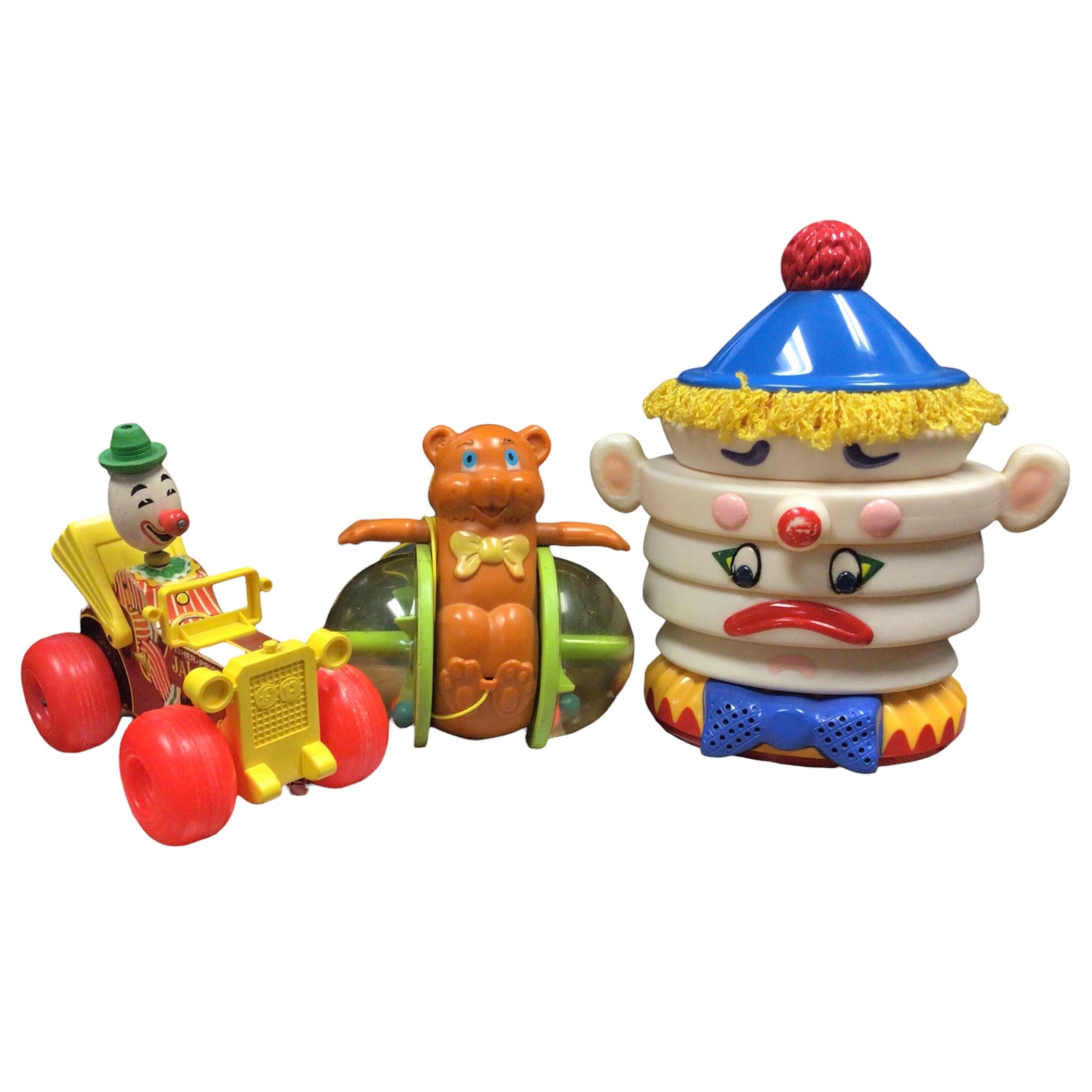Vintage Fisher-Price Toys: Jalopy, Bear in Ball, Stacking Clown