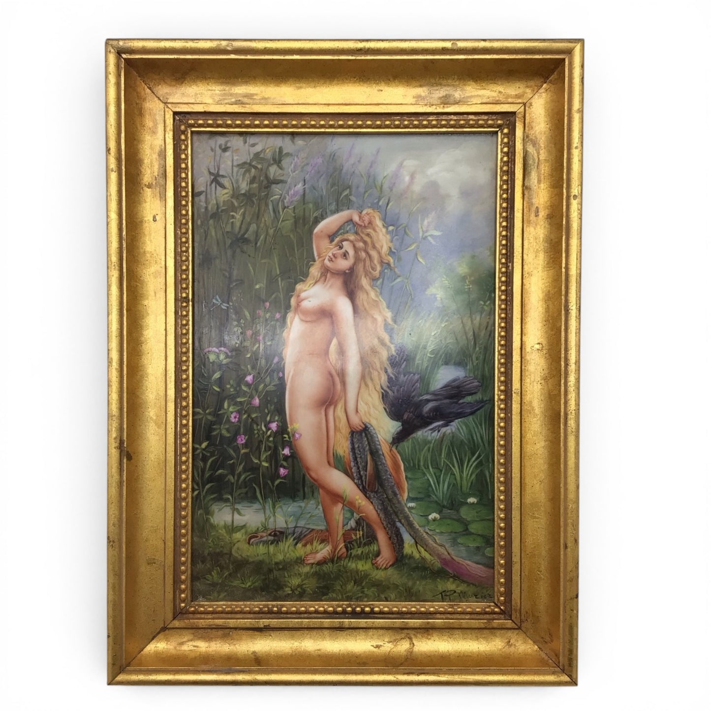 Vintage Framed Hand-Painted KPM Porcelain Plaque - River Nymph Scene - Artist Signed