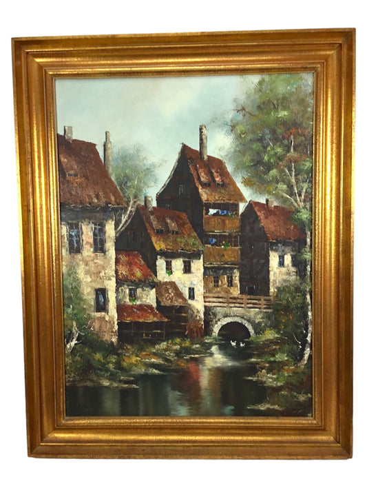 Vintage German Oil Painting on Canvas by Karl Franke Germany Village Houses by River with Bridge