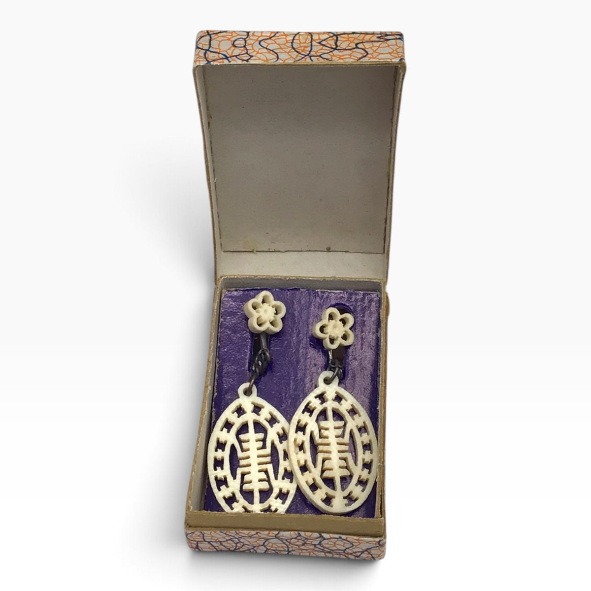 Vintage Handcrafted Bone Earrings – Asian Symbol Dangle Drop Screw-Back