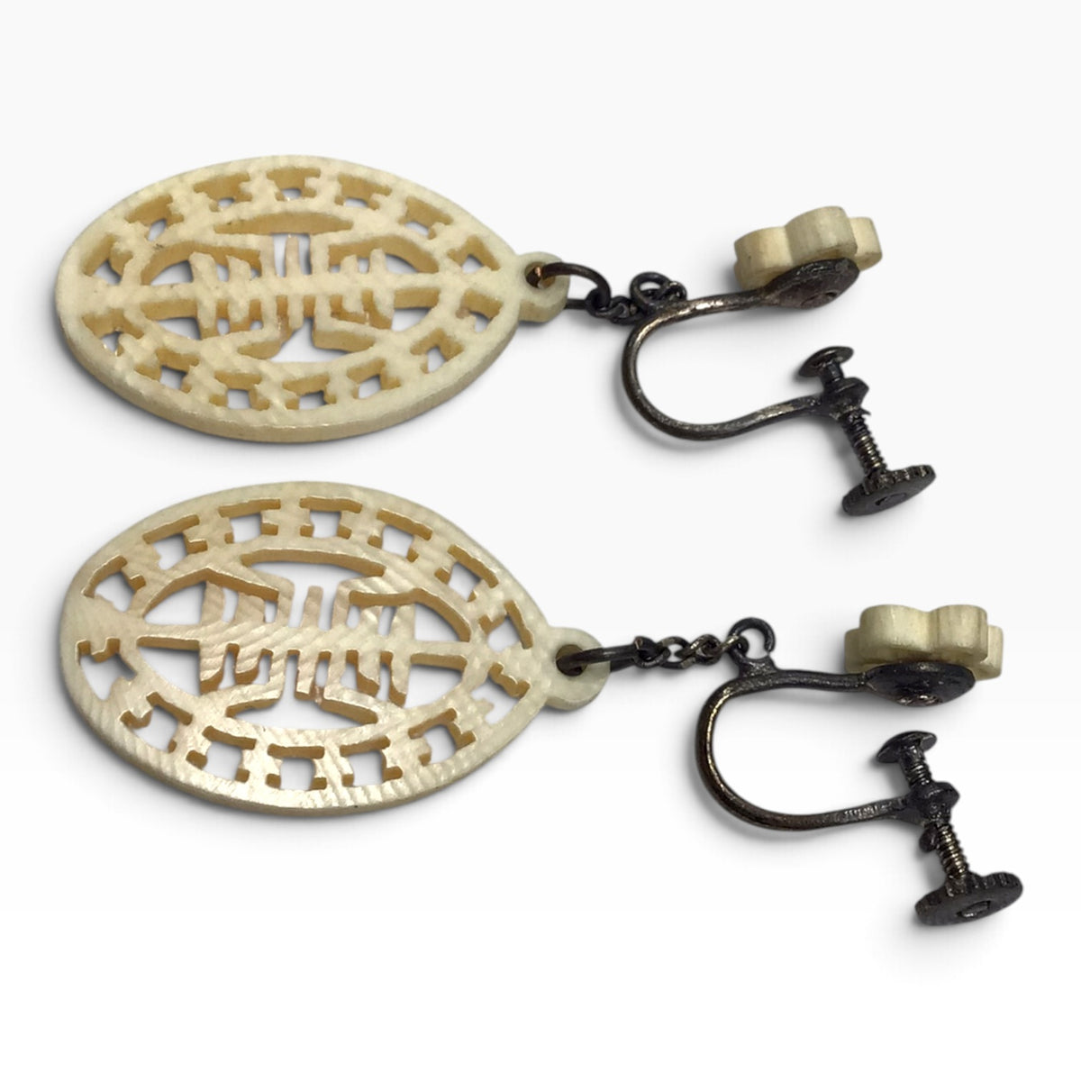 Vintage Handcrafted Bone Earrings – Asian Symbol Dangle Drop Screw-Back