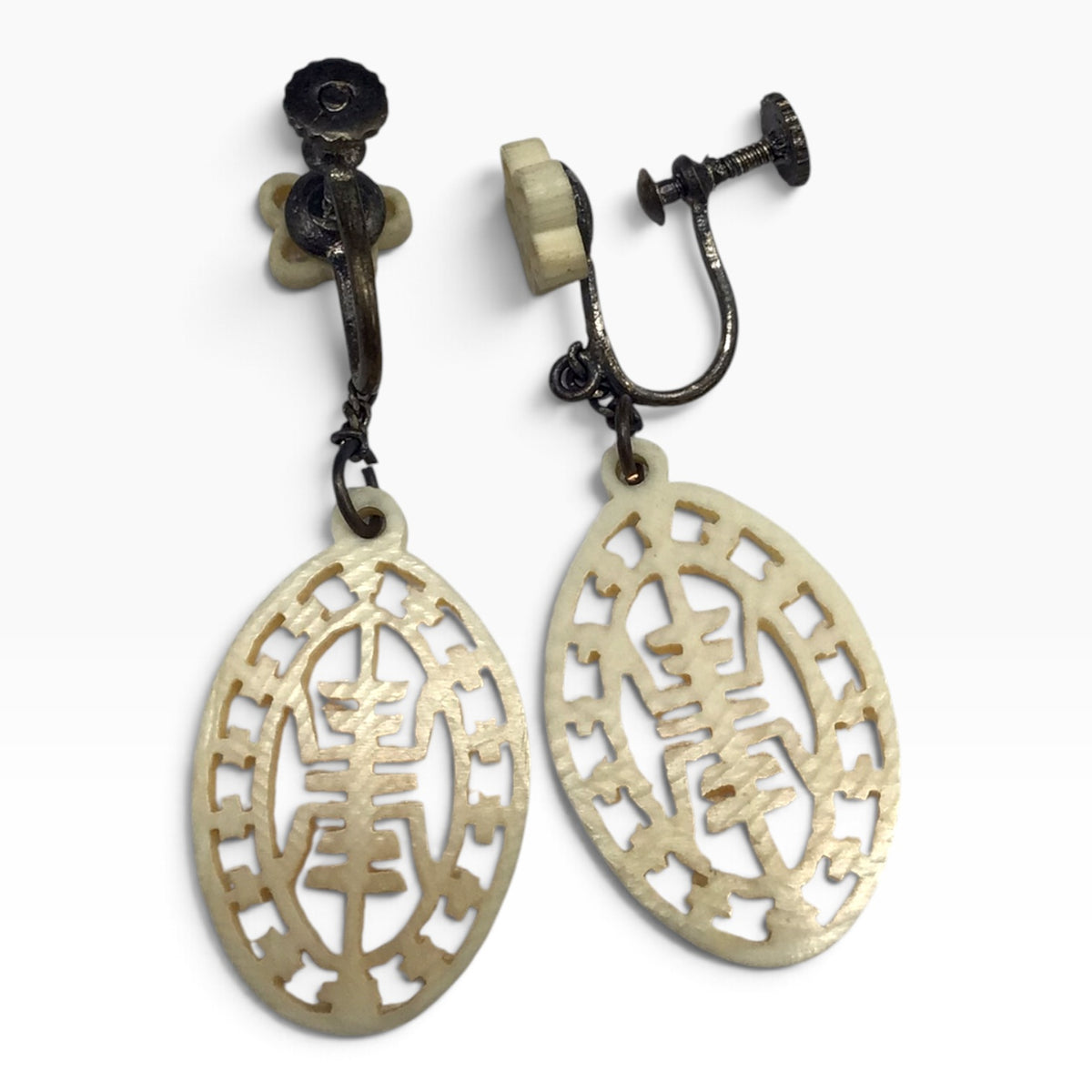 Vintage Handcrafted Bone Earrings – Asian Symbol Dangle Drop Screw-Back
