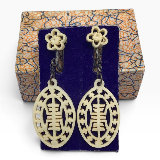 Vintage Handcrafted Bone Earrings – Asian Symbol Dangle Drop Screw-Back