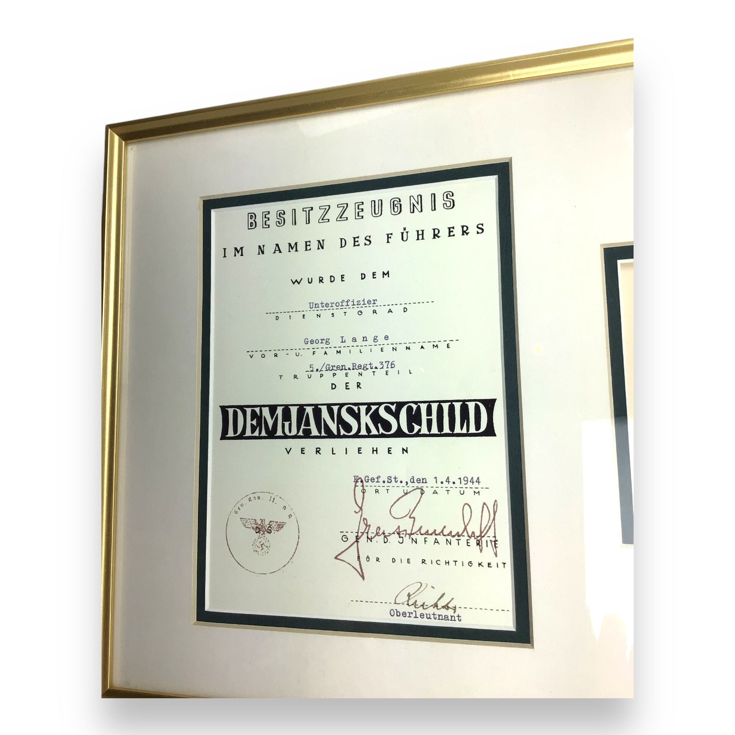 WW2 German 1942 Demyansk Shield w/ Named Certificate – Framed, Georg Lange