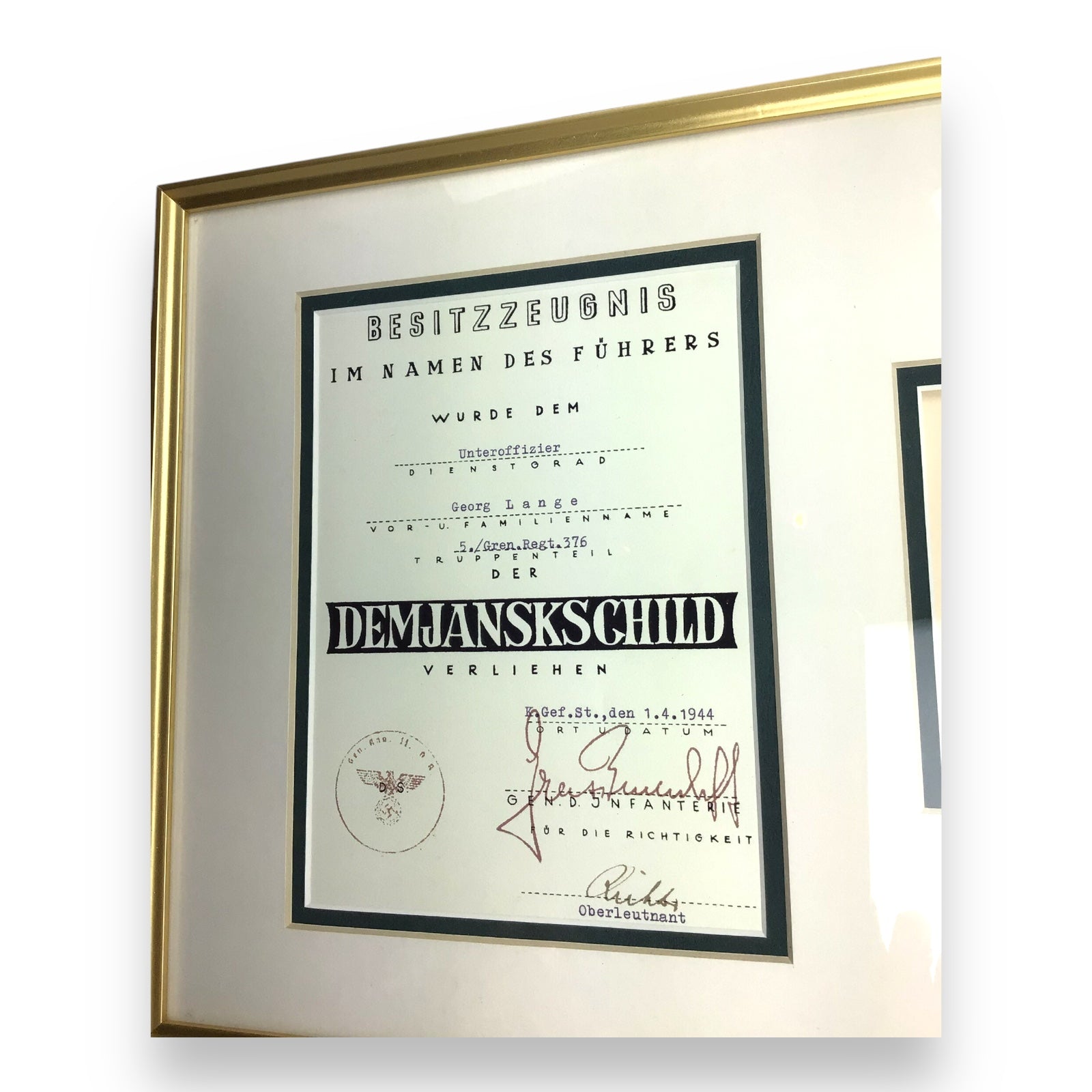 WW2 German 1942 Demyansk Shield w/ Named Certificate – Framed, Georg Lange