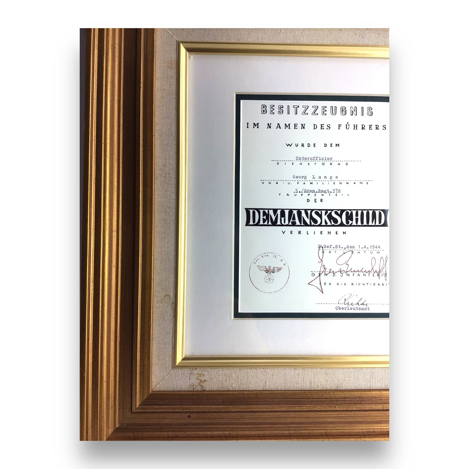 WW2 German 1942 Demyansk Shield w/ Named Certificate – Framed, Georg Lange