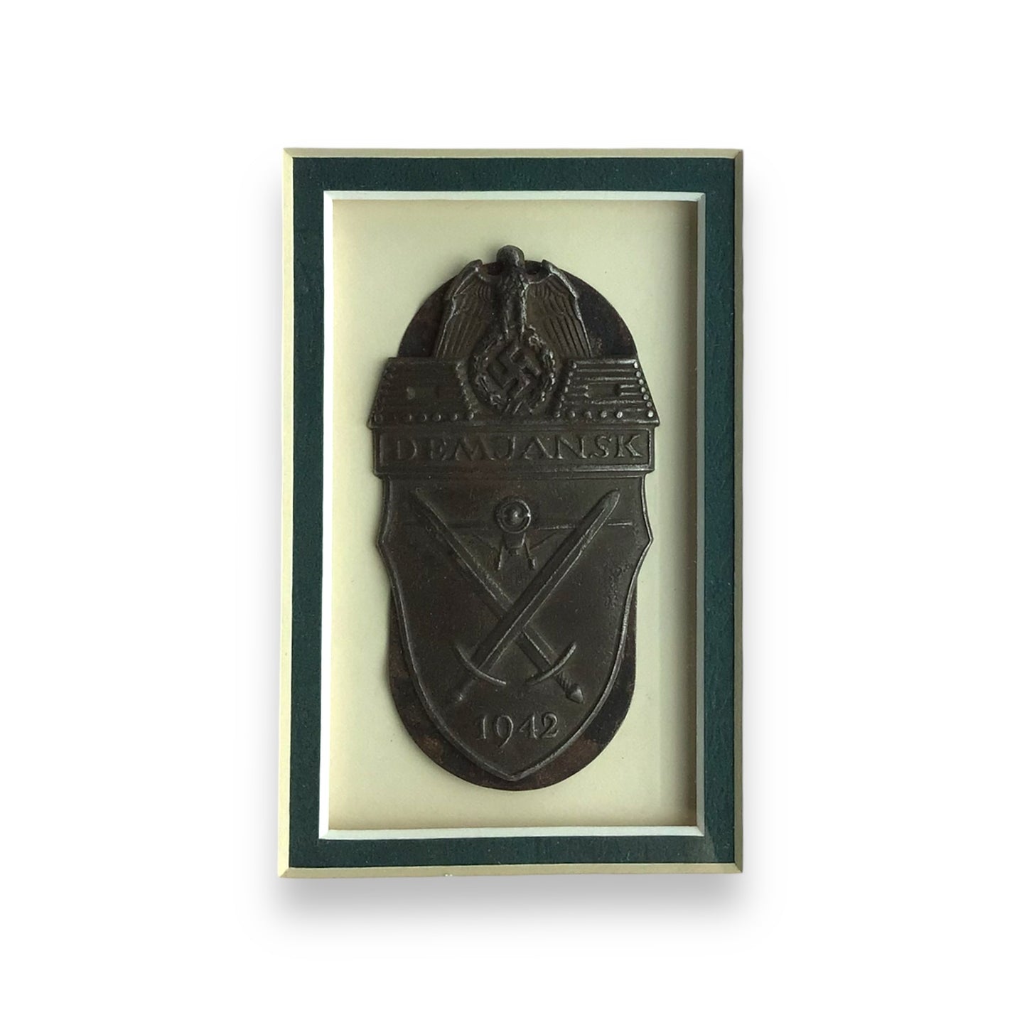 WW2 German 1942 Demyansk Shield w/ Named Certificate – Framed, Georg Lange