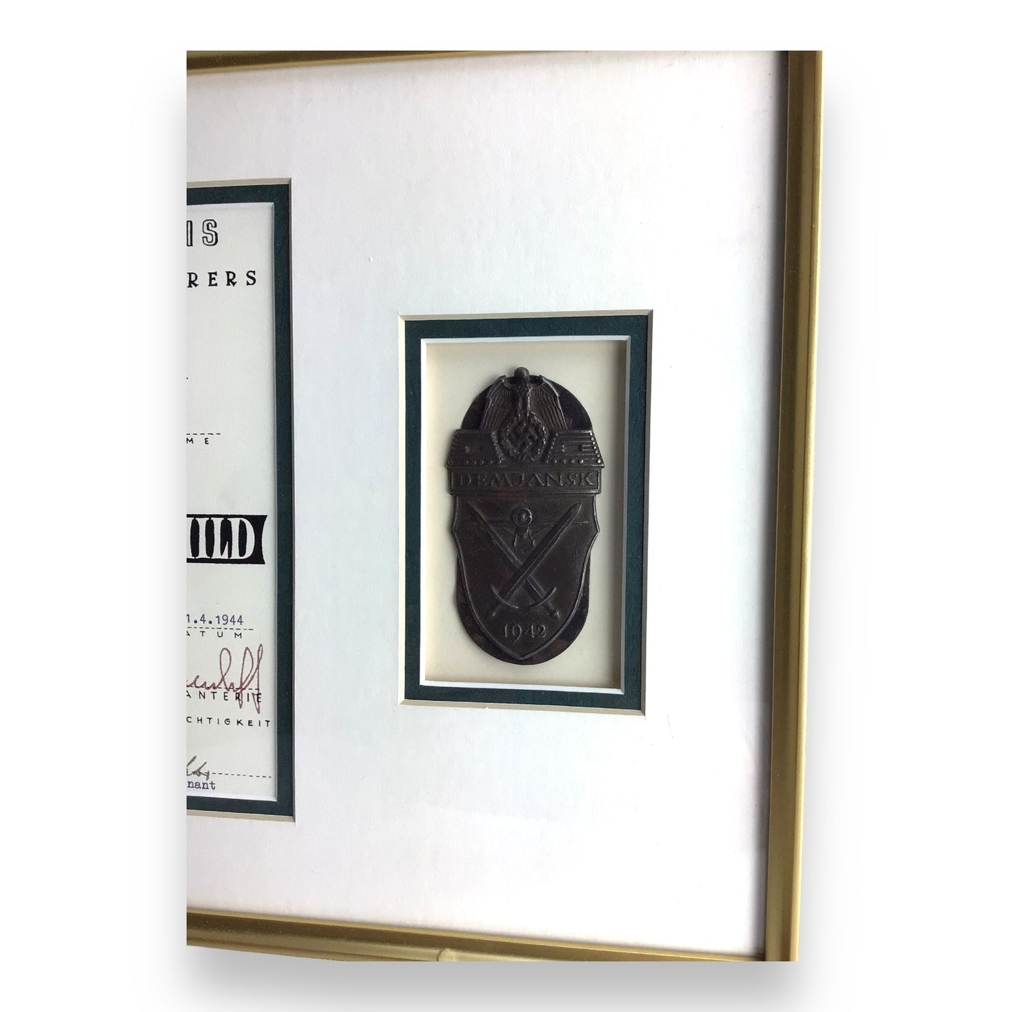 WW2 German 1942 Demyansk Shield w/ Named Certificate – Framed, Georg Lange
