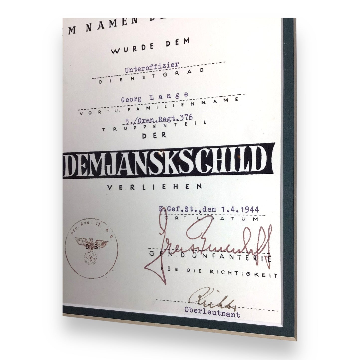 WW2 German 1942 Demyansk Shield w/ Named Certificate – Framed, Georg Lange