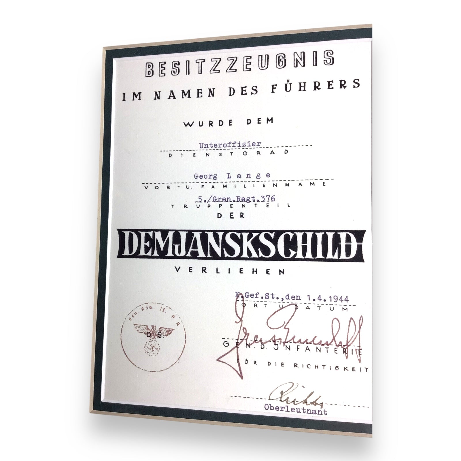WW2 German 1942 Demyansk Shield w/ Named Certificate – Framed, Georg Lange