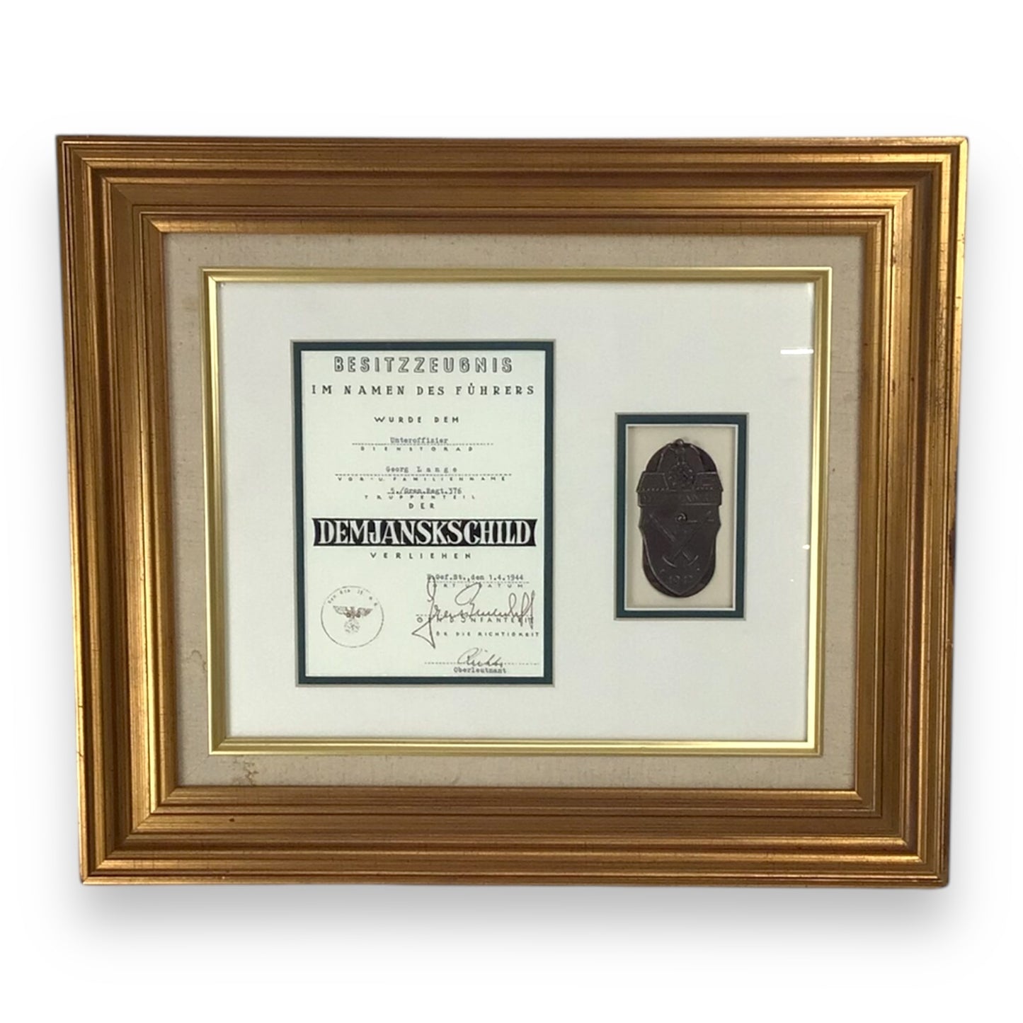 WW2 German 1942 Demyansk Shield w/ Named Certificate – Framed, Georg Lange