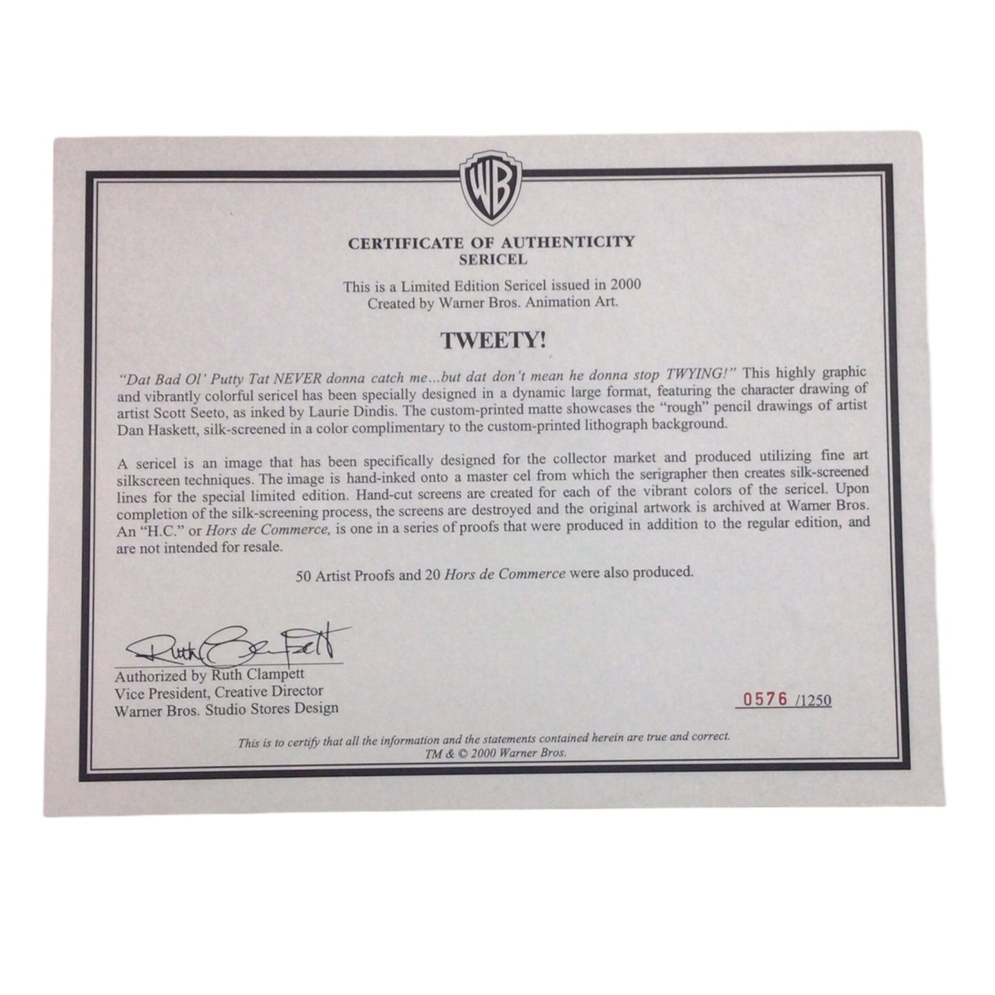 Warner Bros. Tweety Bird Sericel (Framed) - Limited Edition 576/1250 w/ COA