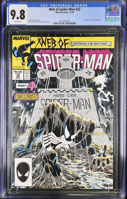 Web of Spider-Man #32 CGC 9.8 - Marvel 1987 - Classic Story with Kraven & Vermin