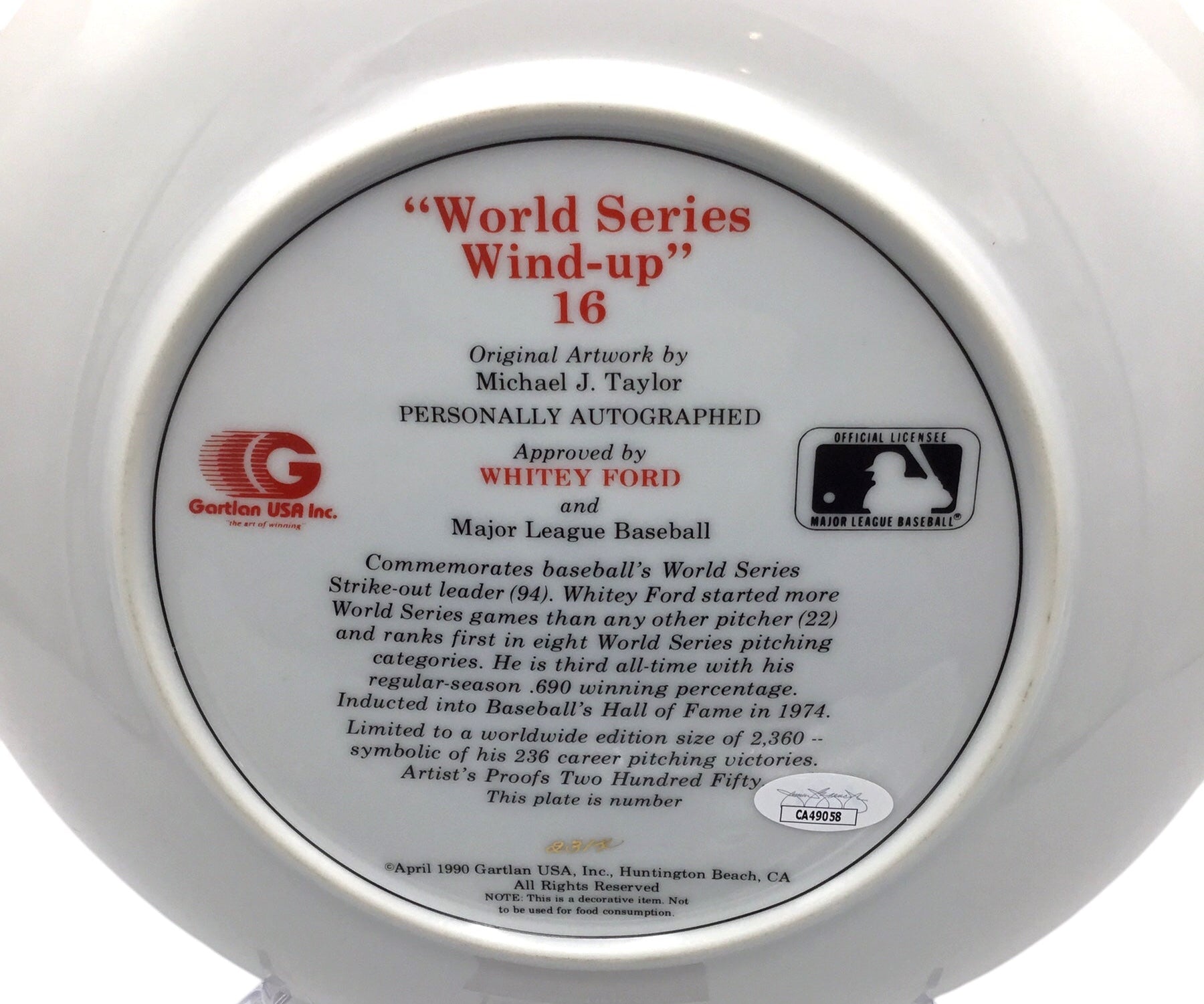 Whitey Ford World Series Wind up 16 Autographed JSA Certified Gartlan Plate #2314