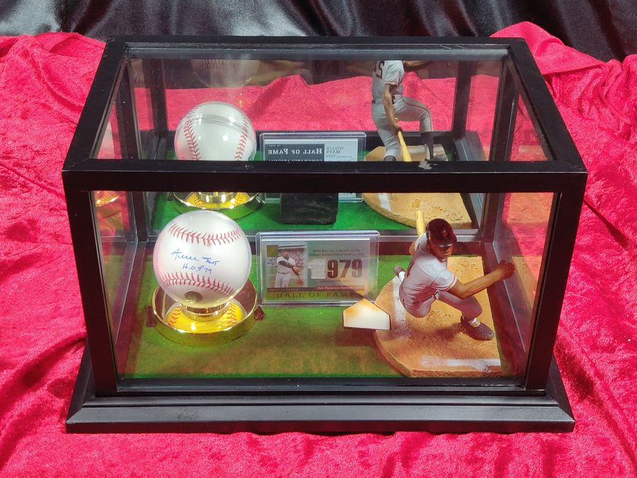 Willie Mays Shadowbox w/ Signed Baseball, Card, and Figure