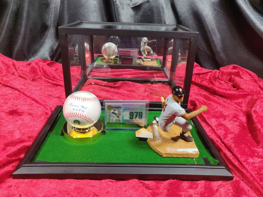 Willie Mays Shadowbox w/ Signed Baseball, Card, and Figure